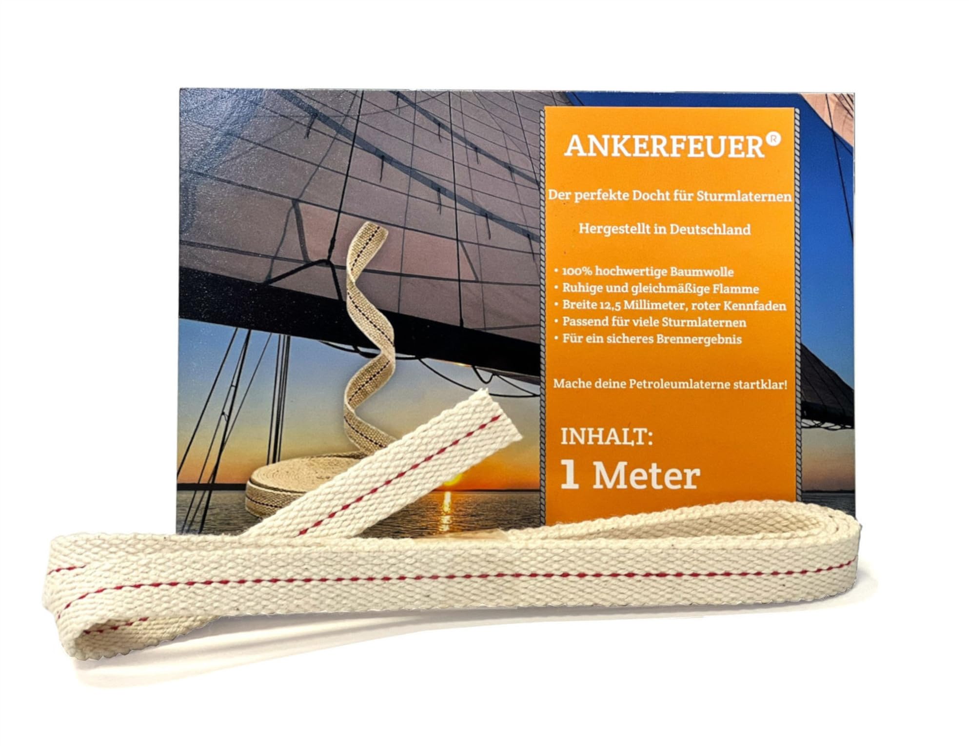 ANKERFEUER® 1 Meter Docht kompatibel mit Feuerhand Sturmlaterne 276 | 100% Baumwolle, 12,5 Millimeter breit, roter Kennfaden, passt exakt in den Brenner
