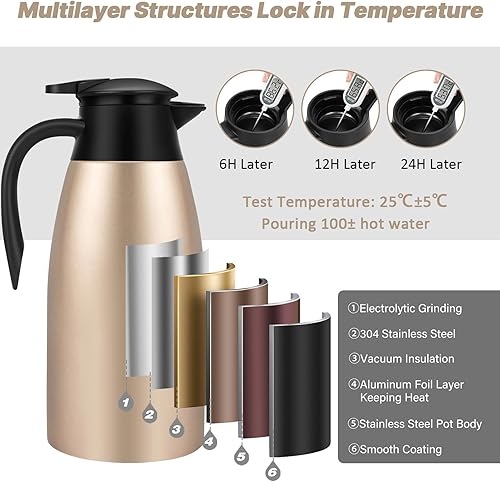 Miniatura 4 de Jarras térmicas de café de 68 onzas para mantener el calor, jarra térmica de acero inoxidable de 2 litros, jarra aislada al vacío de doble pared