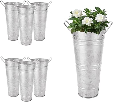 6 Pack 9 Inch Galvanized Flower Bar Buckets, Flower Buckets for Flower Bar, Metal Flower Bucket Decoration and Metal Vase with Handles for Wedding, Balcony Garden, Home Decor