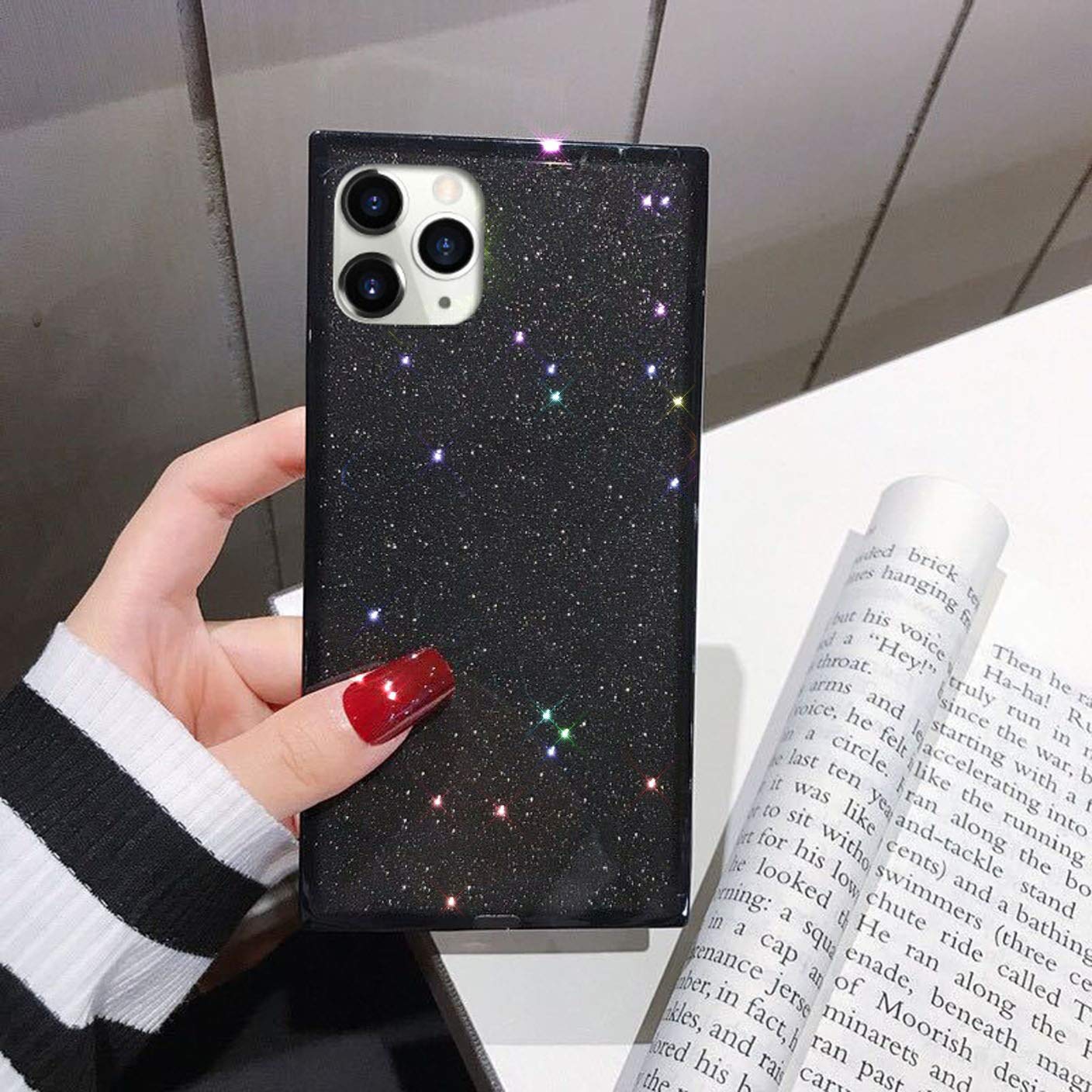 Bonitec Compatible with iPhone 12 Pro Max Square Case Luxury Shiny Bling Crystal Glitter Square Edge Phone Case Slim Thin Soft Protective Bumper for Women, Girls