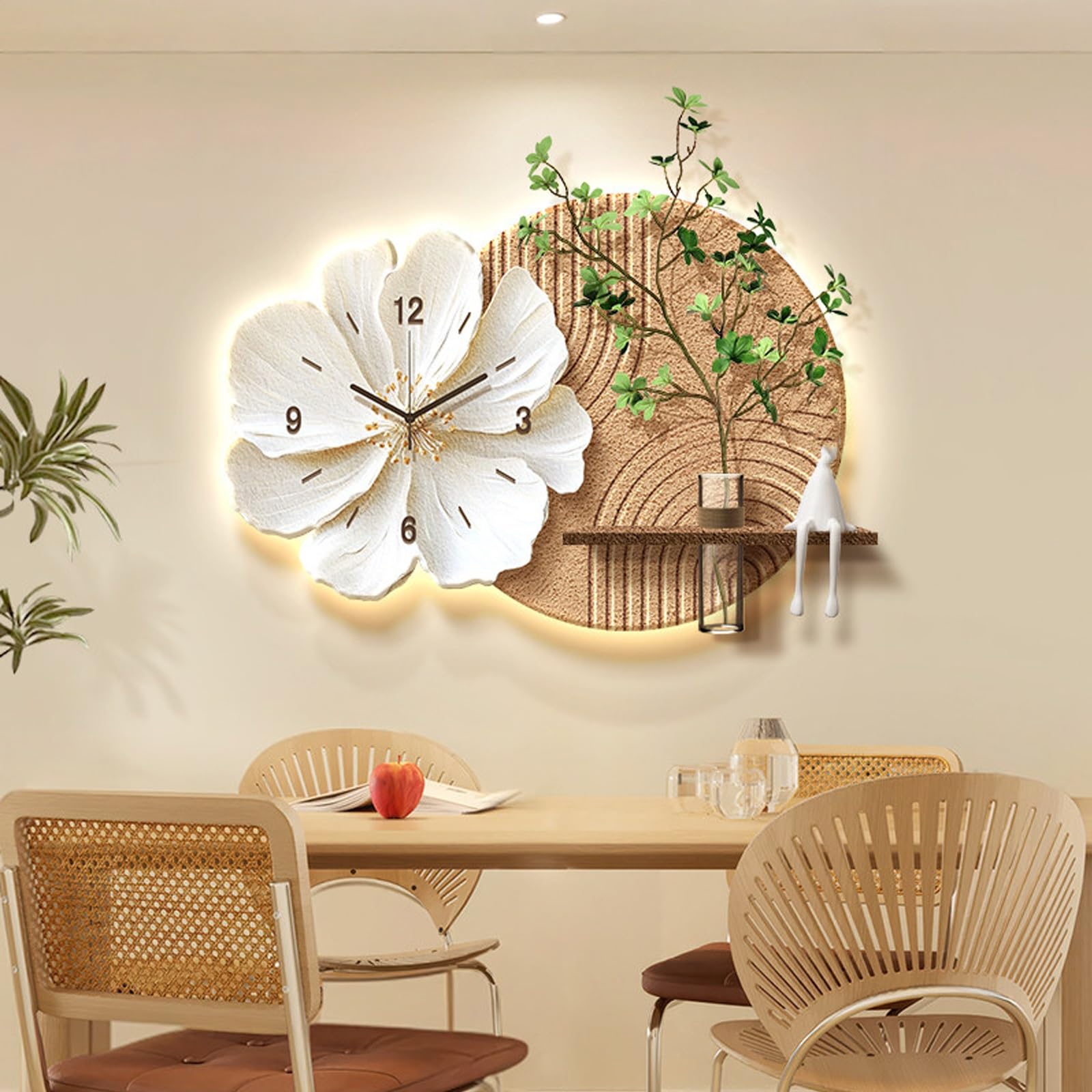 ITOSUI Sandstone Decorative Art Wall Clock with LED Light,Flower Wall Clock,Non-Ticking,Simple Wall Decoration,Plug-in Power Supply,for Living Room,Bedroom,Dining Room(Brown,29.5 * 19.7in)