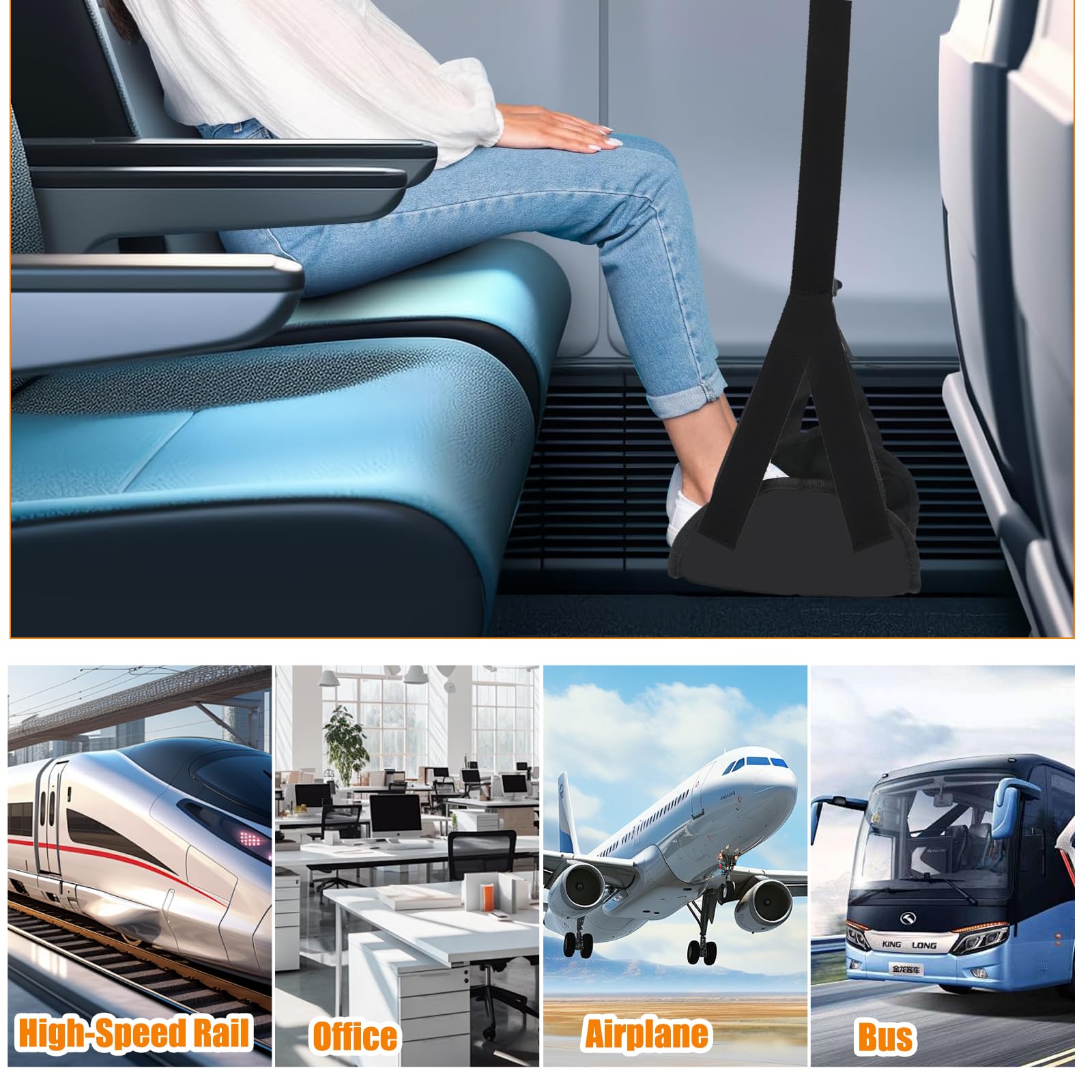 Poggiapiedi Volo con Schiuma Memoria forma & Piatti Supporto Rimovibile, Amaca Poggiapiedi Aereo Cinghie Regolabile & Accessori Viaggio,Poggiagambe Portatile per Aerei Treni Scrivania Uffici Dormitori
