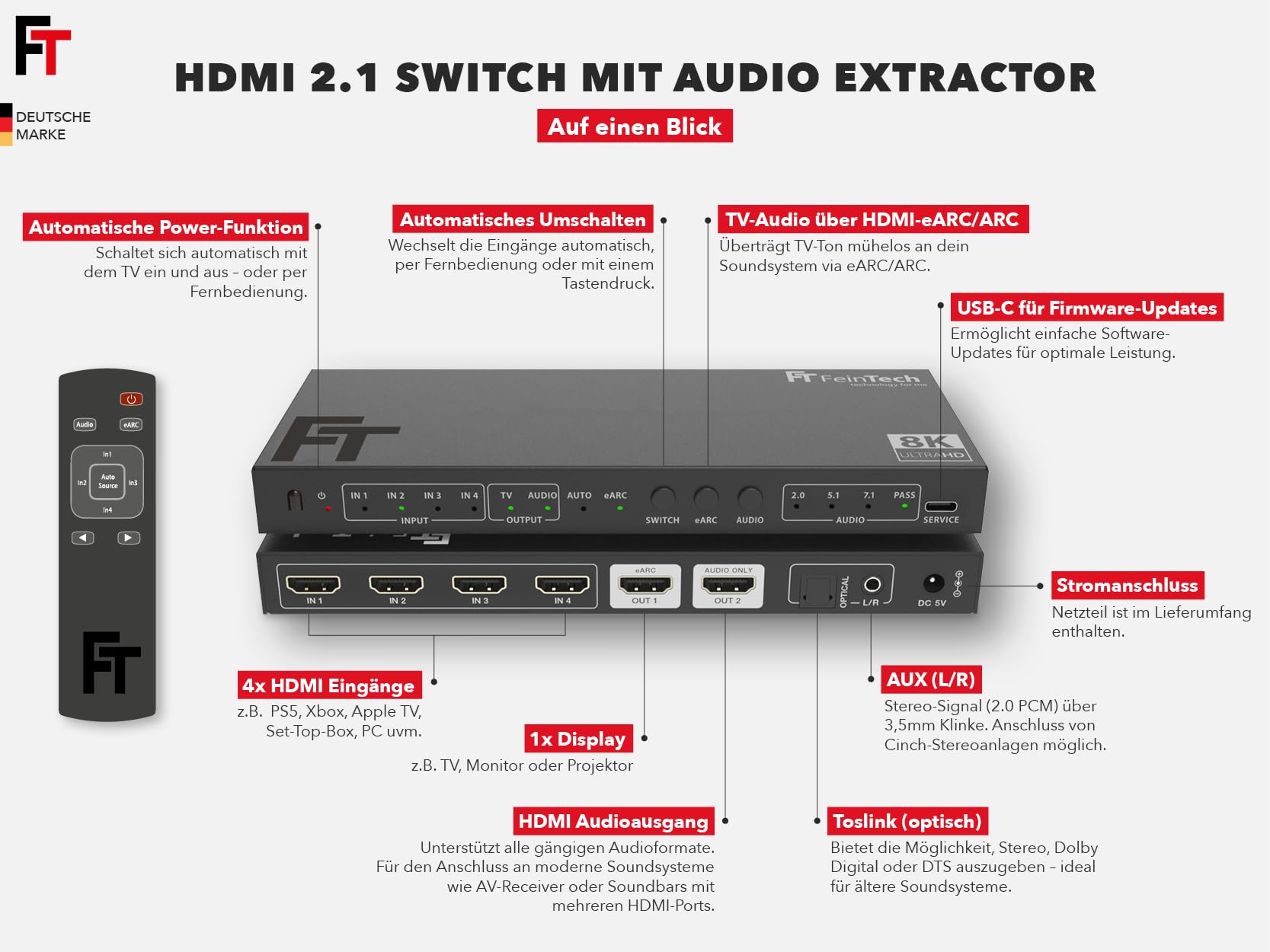 FeinTech SW411 Commutateur HDMI 2.1 4 en 1 avec extracteur audio pour systèmes audio avec entrée HDMI, Toslink et AUX, prend en charge 4 K 120 Hz et 8 K
