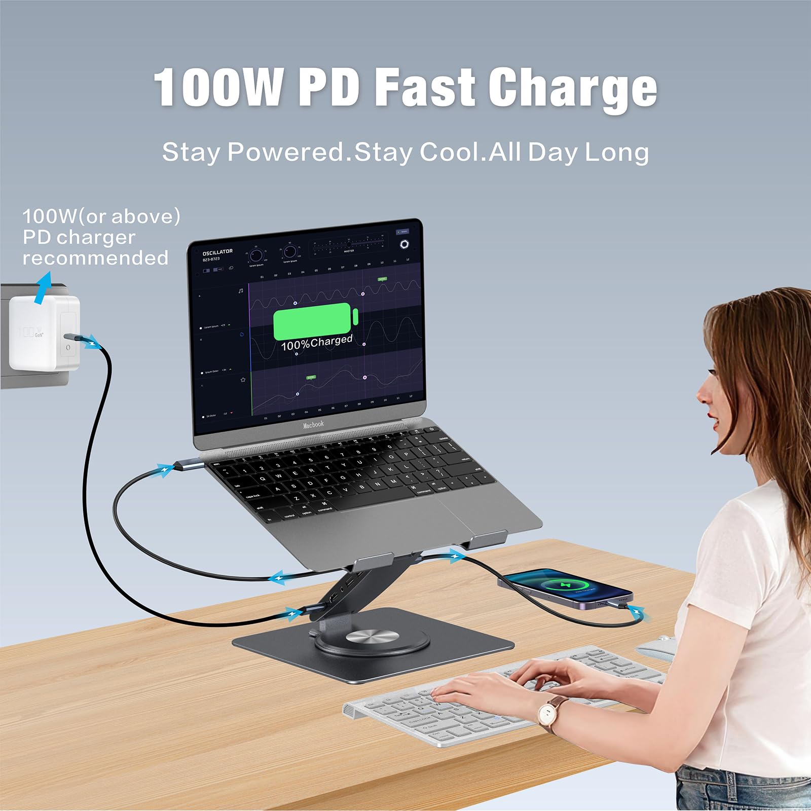 Soporte ajustable para computadora portátil con estación de acoplamiento 9 en 1, elevador de aluminio para portátil con hub USB, giro de 360°, pantalla dual HDMI 4K60Hz, 3 USB 3.0, carga PD de 100 W