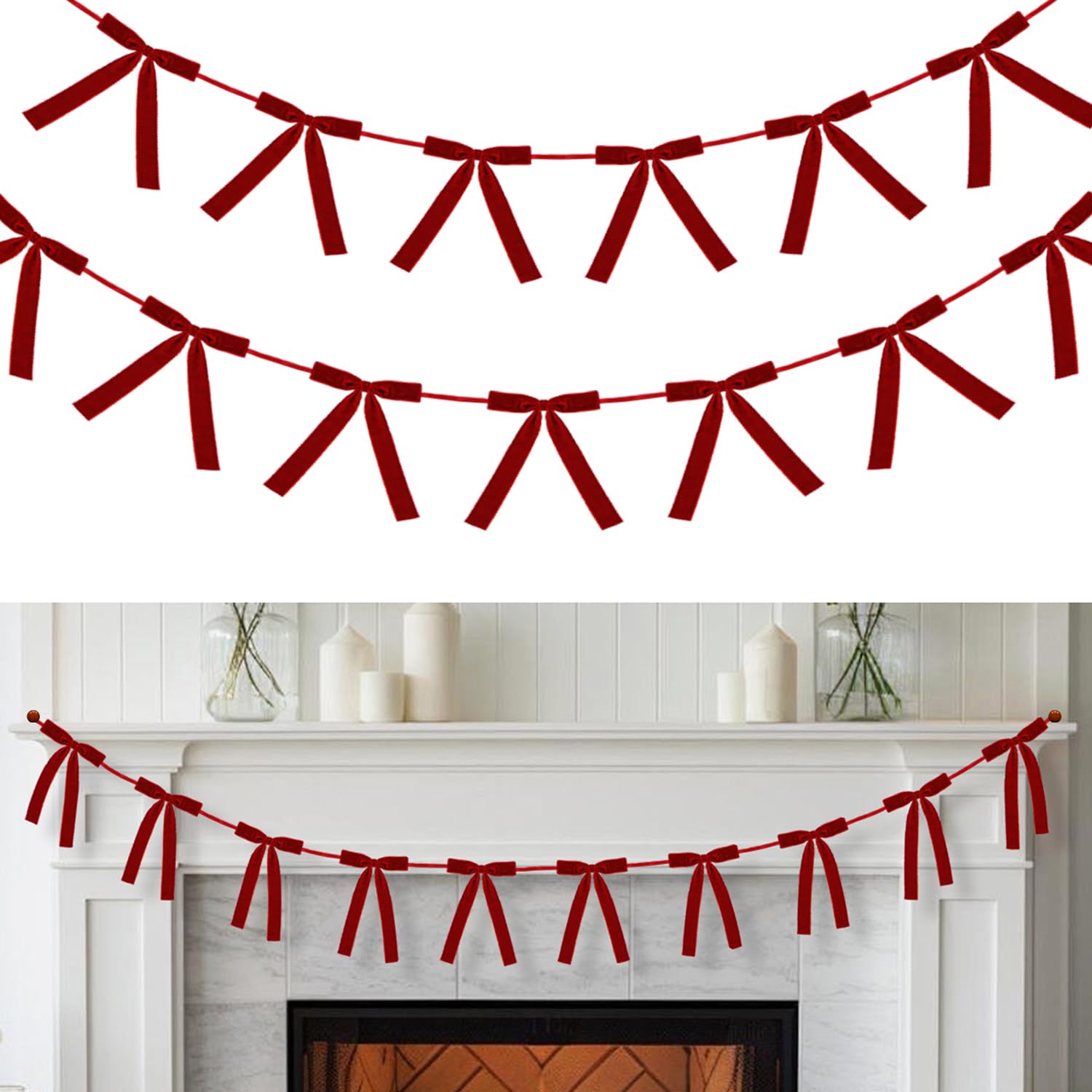 Kunjocy 10ft/3m Christmas Velvet Bow Garland, Vintage Christmas Bow Garland Banners Rustic Velvet Bow Decor with 13 5ร7 Inch Bows Connected by Thin Webbing for Xmas Tree Fireplace Staircase (Red)