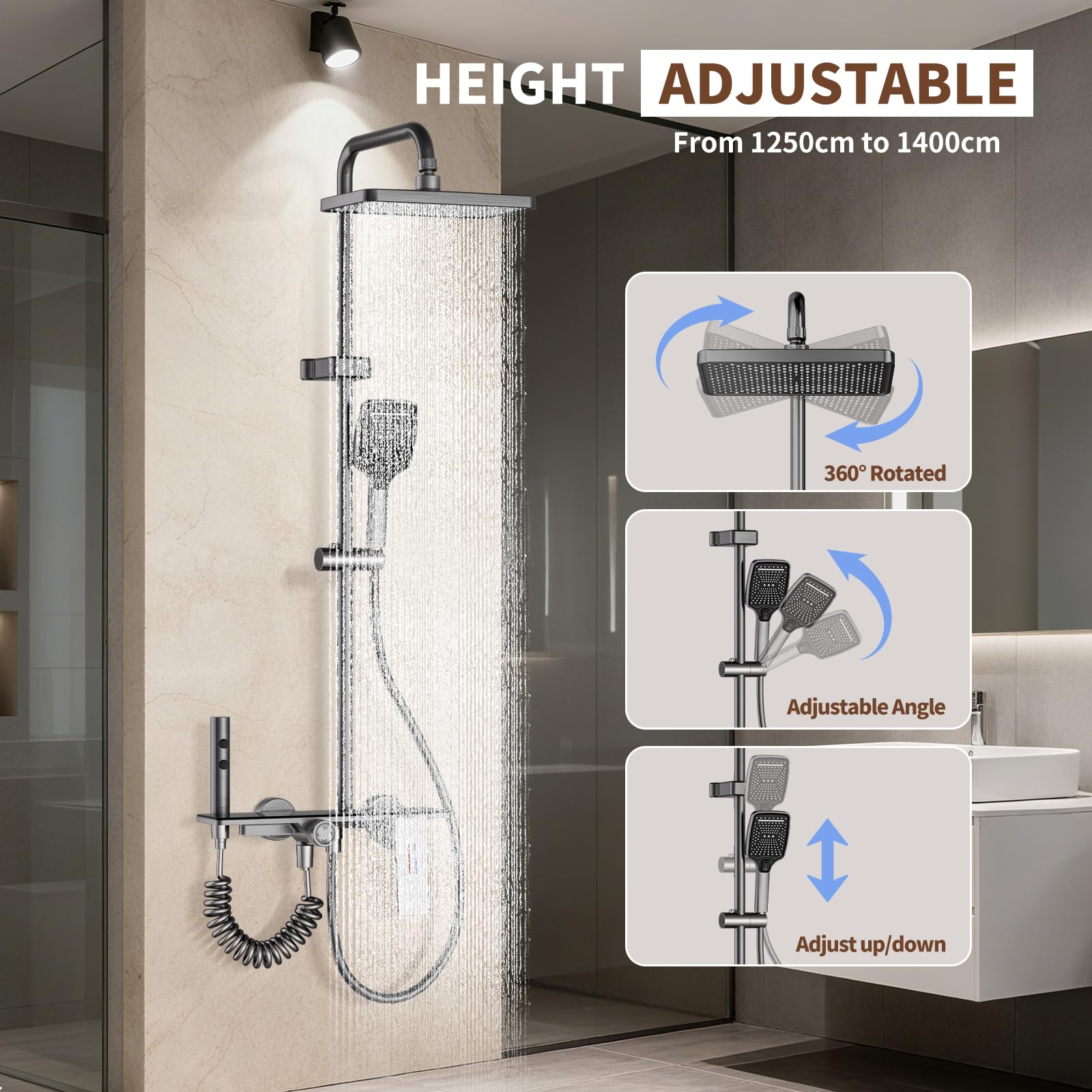 Colonne de Douche Noir, Colonne Douche avec Mitigeur, Colonne Salle de Bain avec 4 Modes, Mommeau de Douche, Jet, Robinet, Pommeau de Douche, Réglable en Hauteur, Profitez d'un Spa Chez Vous