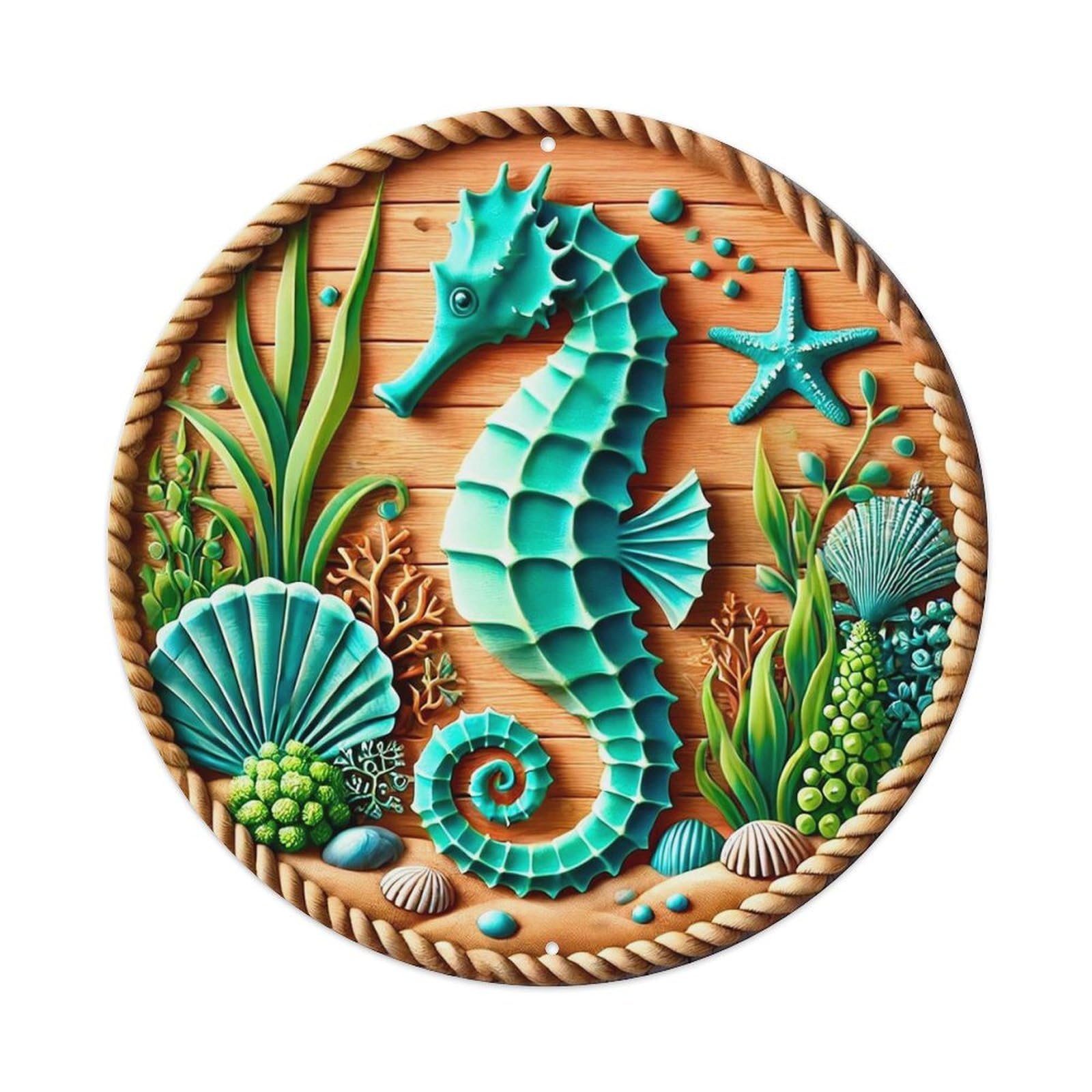 Seahorse Starfish Seaweed Shell Coral Vintage Round Tin Sign Retro Metal Wall Decor Metal Poster, Home Bar Garage Cafe Wall Art Decoration 8x8Inches