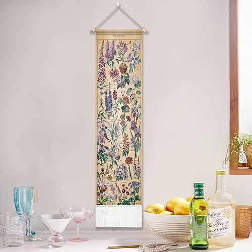 Miniatura 8 de Tapiz de flores vintage de 51 x 13 pulgadas, largo vertical para colgar en la pared, referencia ilustrativa botánica, tapices botánicos para