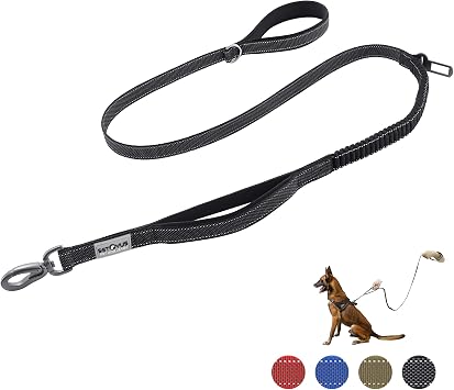 Double Handle Dog Leash - Heavy Duty, 4-6FT Reflective Tactical Leash with 2 Padded Handles, Shock Absorbing Bungee, Car Seatbelt & Easy Snap Hook, for Large, Medium & Small Dogs