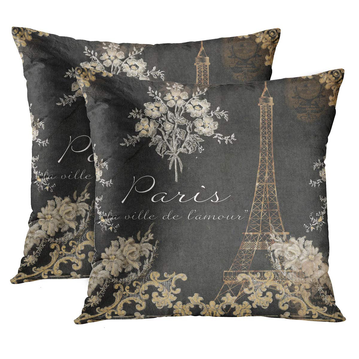 Emvency Set of 2 Throw Pillow Cover Black Vintage Paris City of Love Eiffel Tower Chalkboard Tan Antique Decorative Pillow Case Home Decor Square 18 x