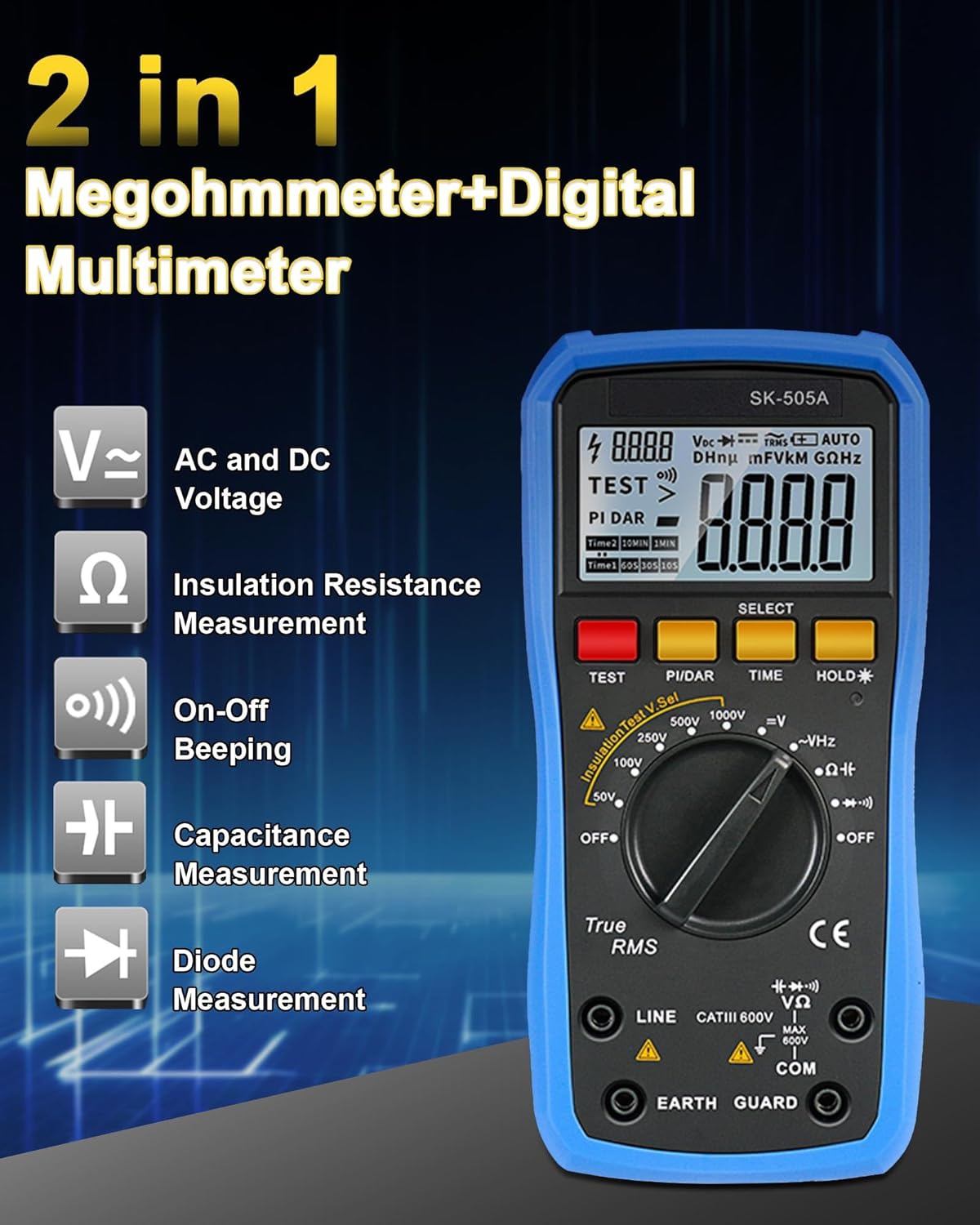 2-in-1 Insulation Resistance Meter & Digital Multimeter, 20GΩ/1000V Megohmmeter with Auto Range, Data Hold, AC/DC Voltage Tester, Capacitance Measurement for Electrical House Testing
