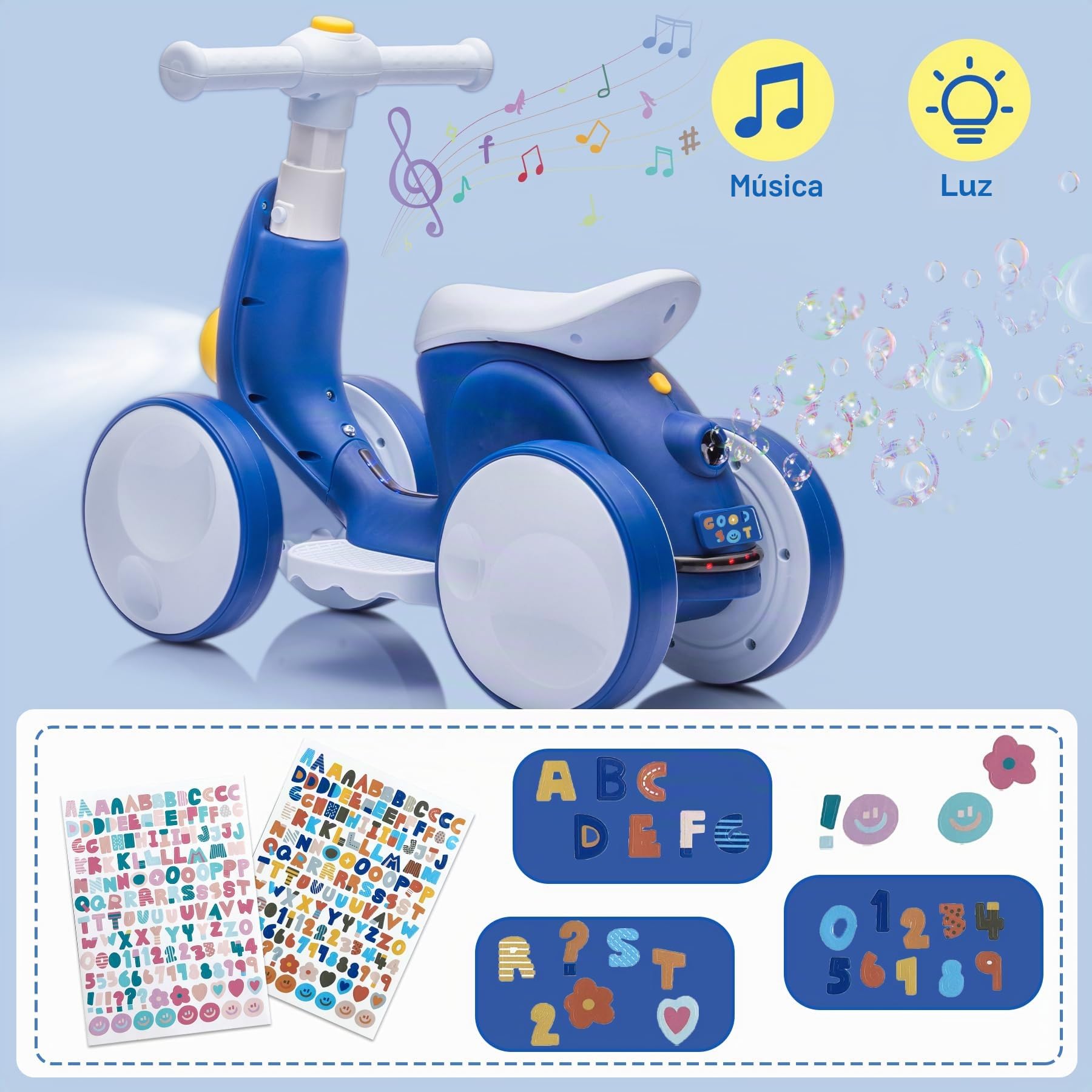 Bicicleta sin Pedales Eléctrica con Máquina de Pompas para Niños y Niñas de 1 a 4 Años, Juguetes Bebés 4 en 1 para 12-48 Meses con Música, Luces LED, Regalo para Cumpleaños, Navidad, Azul-Blanco