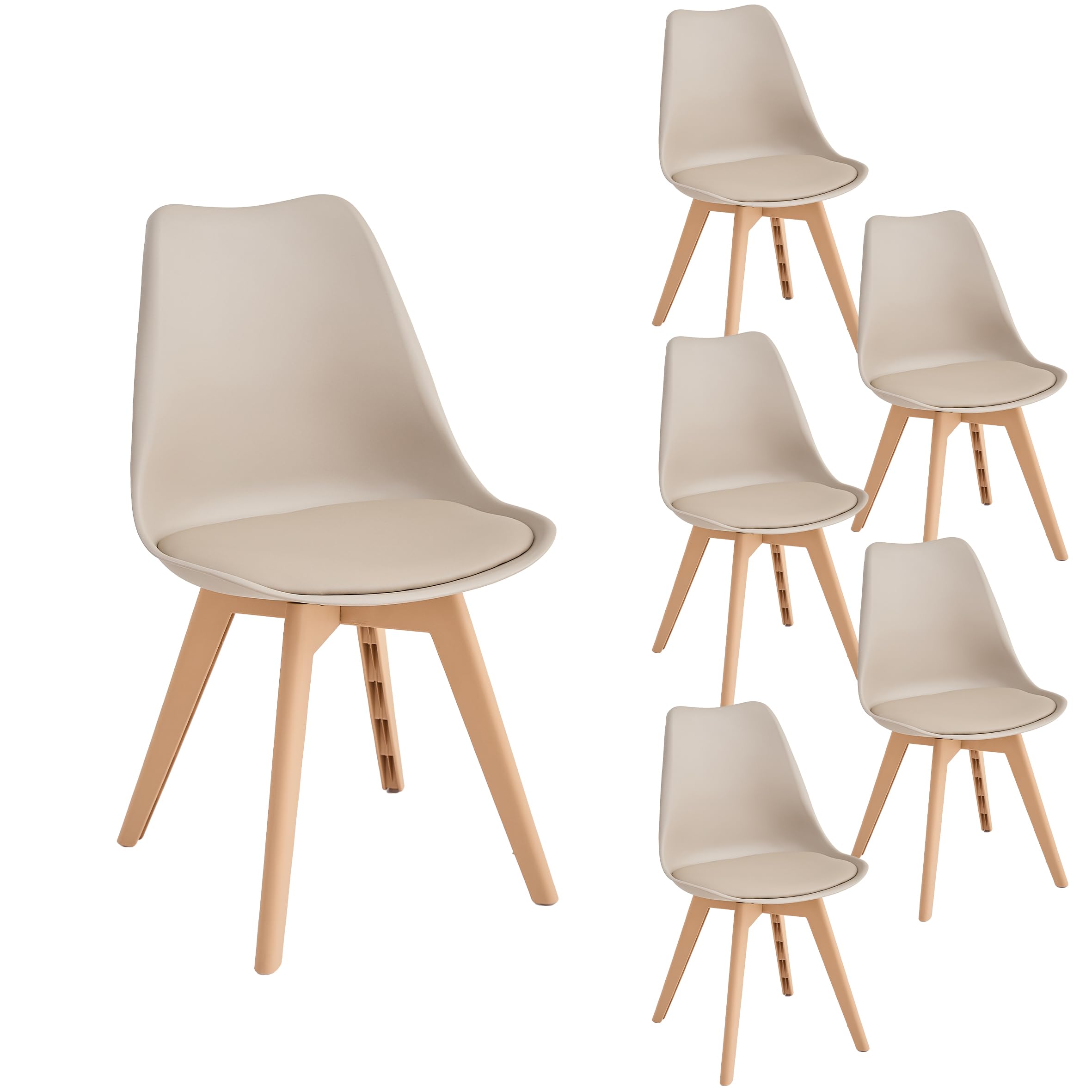 Set di 6 sedie da cucina in stile nordico, Gambe in plastica color kaki, sedili imbottiti in similpelle, Adatte per Sala da Pranzo, Soggiorno, Cucina, Camera da Letto-Cachi