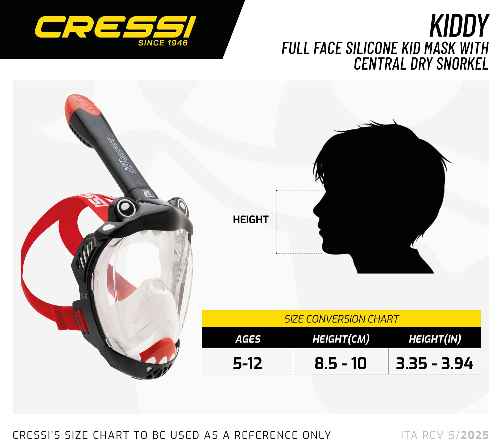 CRESSI Kiddy Kids Full Face Mask Black/Clear/Red - Full Face Mask - CO2 Safe - Designed Specifically for Children, Anti Fog, Exhalation Valve and Dry Snorkel