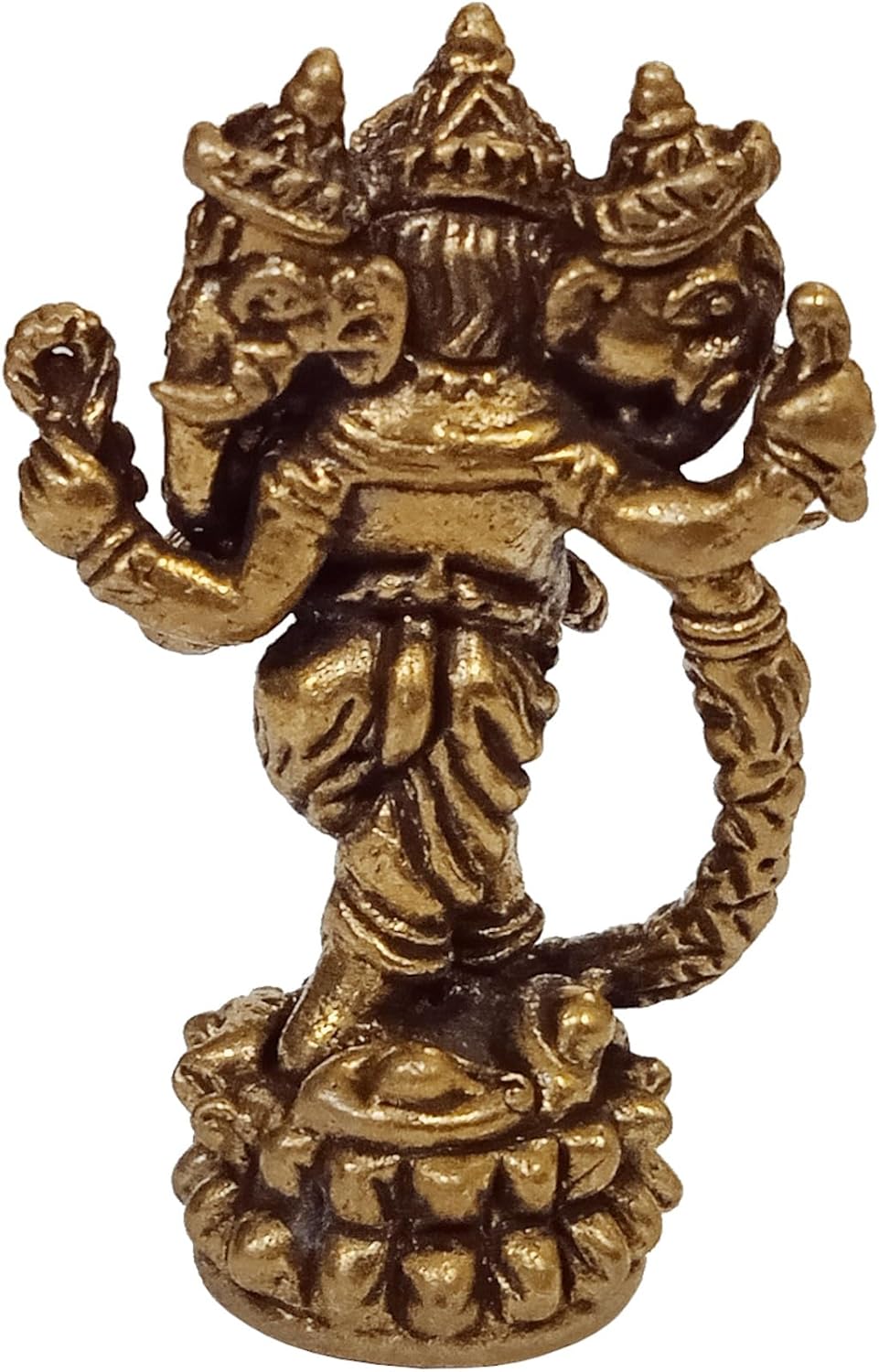 Purpledip Rare Miniature Brass Idol Standing 3-Head Trimukha Ganesha: Collectible Statue with Fine Workmanship (12698D)