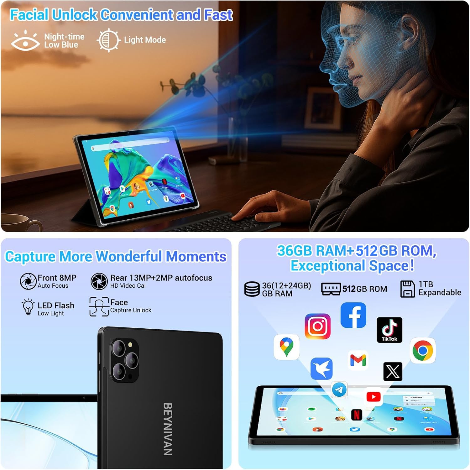 Android 16 Tablet 11 Pulgadas Gemini Ai Octa-Core T615 36GB RAM 512GB ROM Widevine L1 Netflix 1080P FHD 8000 mAh Cámara 16MP+8MP GPS Teclado Negro