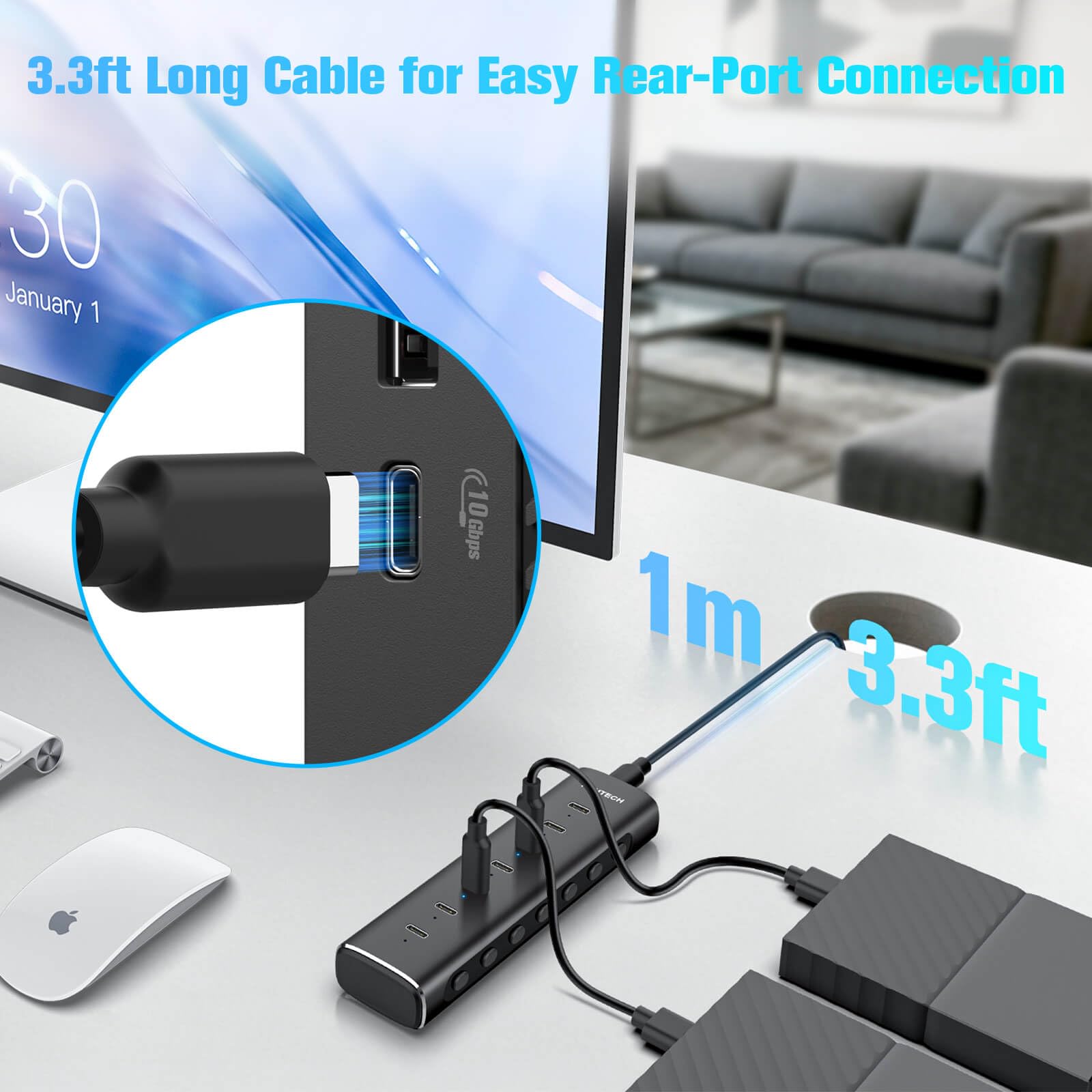 RSHTECH Hub USB C 3.2 de 7 puertos de 10 Gbps con 7 puertos de datos USB-C, interruptores individuales, cable desmontable de 3.3 pies, adaptador de corriente de 36 W, extensor USB de aluminio para