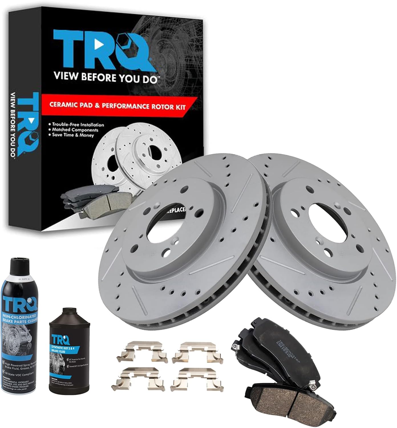 TRQ Front Performance Brake Pad & Rotor Kit Brake Chemical Kit Brake Pads Brake Rotors Set Ceramic Premium G-Coated Compatible with 2005-2010 Honda Odyssey