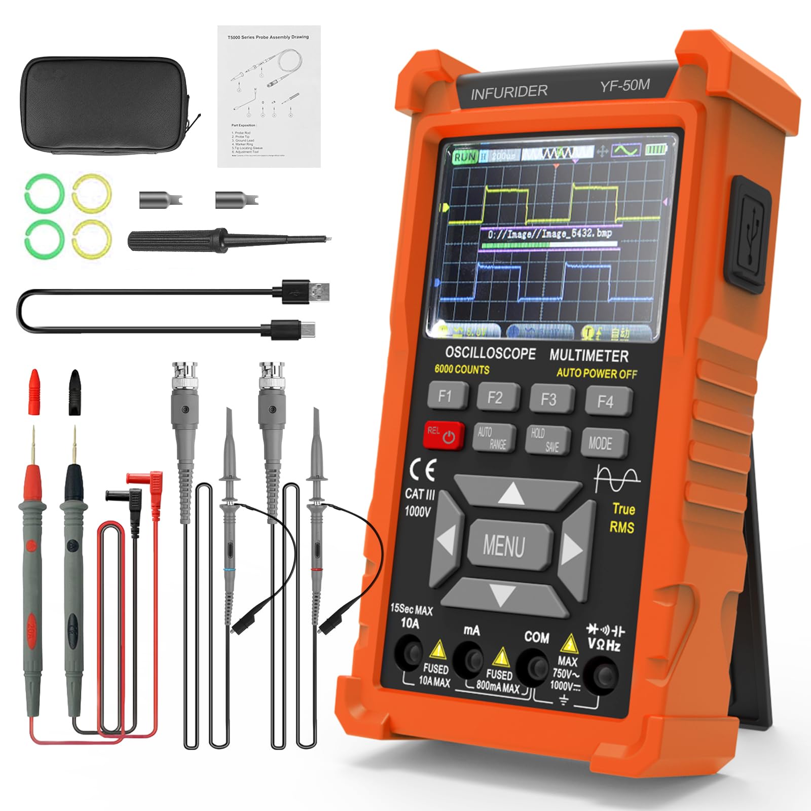 Osciloscopio digital 3 en 1 multímetro, generador de señal profesional, osciloscopios de laboratorio de 50 MHz con 2 canales, 200 m/280 msa/s, comprobador de continuidad con 6000 cuentas
