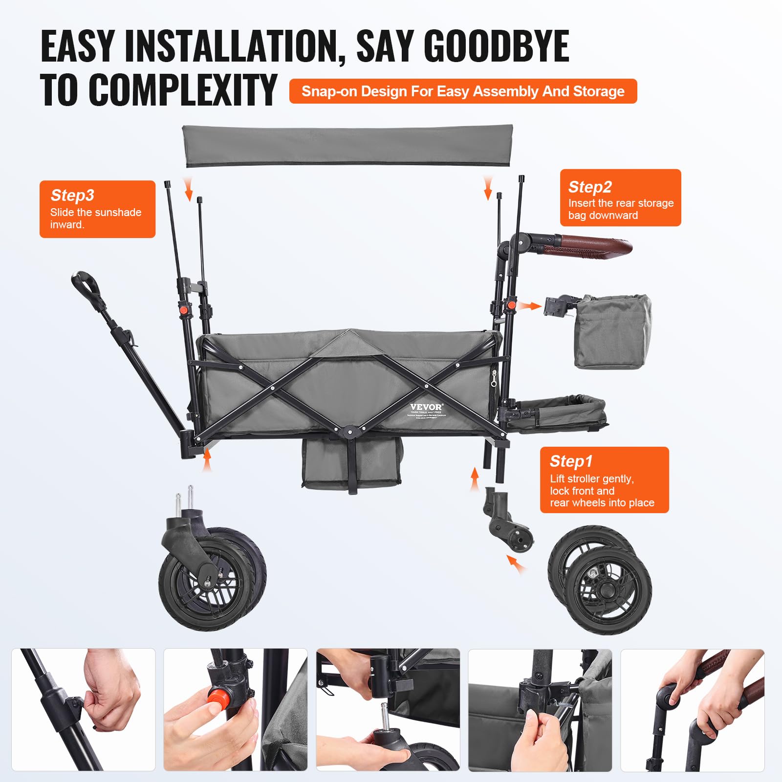 VEVOR Passeggino Wagon per 2 Bambini, Passeggino Pieghevole con Maniglia Regolabile, Tettuccio Rimovibile, Lmbracatura Circolare, 4 Ruote Freni Passeggino Portatile Multifunzione Campeggio, Grigio