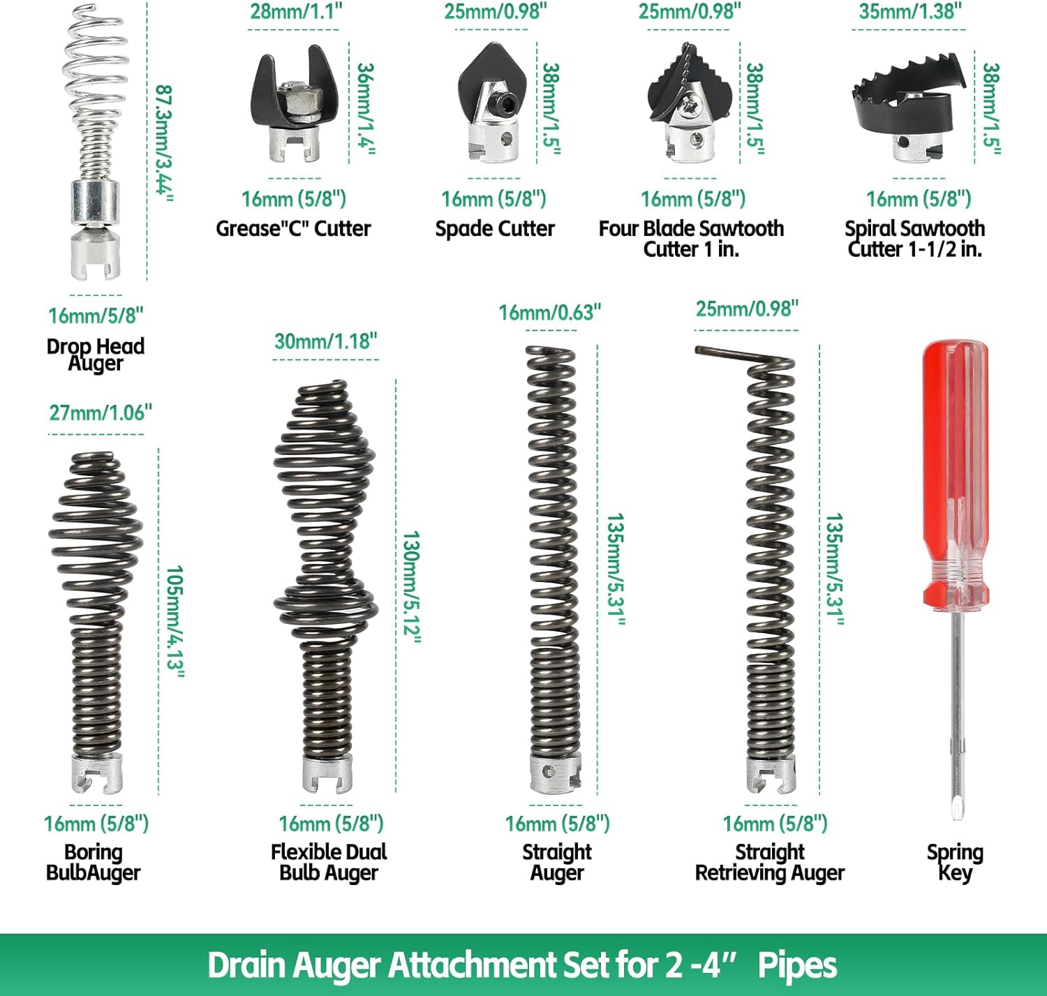 10PCS Drain Cleaning Kit for RID-GID Sectional Drain Cables – Heavy Duty Cutters & Augers Compatible with K-400, C-4, C-6, C-7, C-8, C-9 Machines - for 5/16", 3/8" & 5/8" Cables