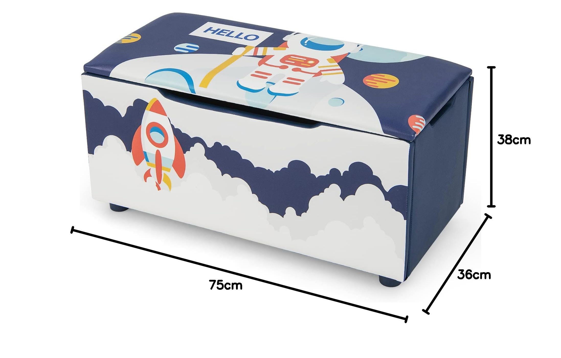 GOPLUS Caja de Almacenamiento 2 en 1 para Niños con Tapa Desmontable, Banco de Almacenamiento con Ranuras Antipinzamiento, Correa de Tracción, Caja de Almacenamiento, 75x36x38CM (Azul (astronauta))