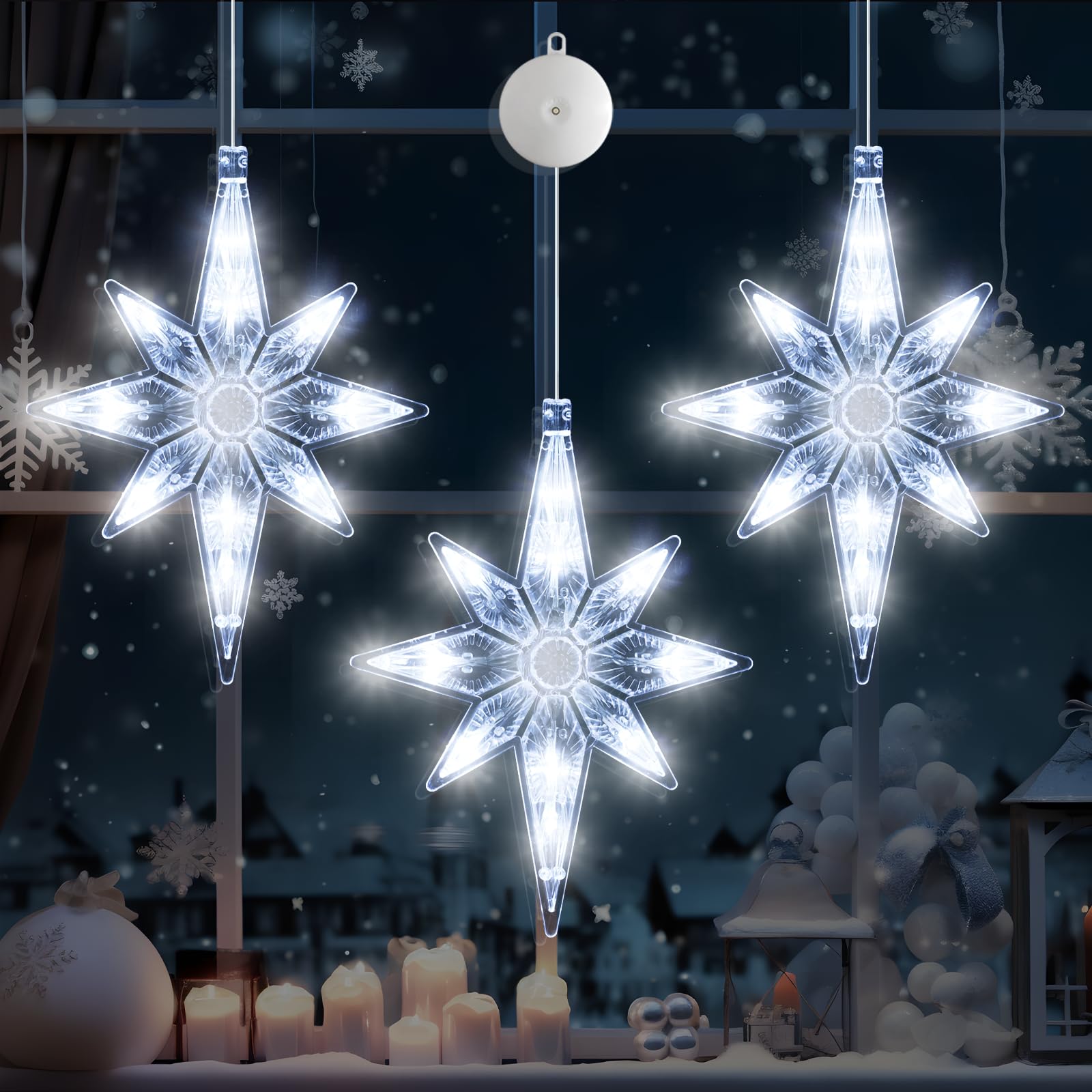 LYUBASA 3 luces de Navidad para ventana con temporizador, funciona con pilas, para colgar en la ventana de Navidad, luz blanca, lámpara LED en forma de estrella de la suerte para árbol de Navidad,