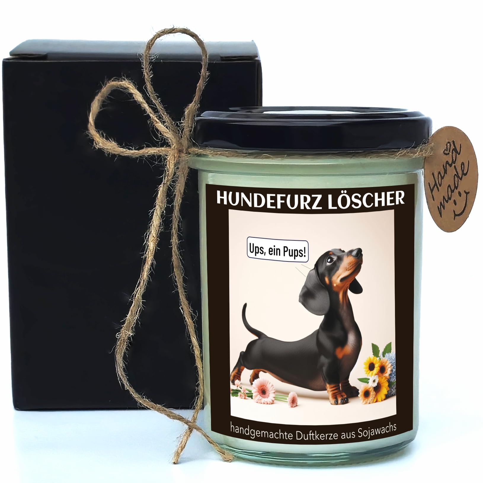 Hundefurz Löscher Duftkerze mit Dackel-Motiv | Geschenk mit lustigem Spruch für Dackelfieber | Handgemacht aus Sojawachs | Apfel-Zimt-Duft | 160 g/40 h Brenndauer | inkl. Geschenkverpackung
