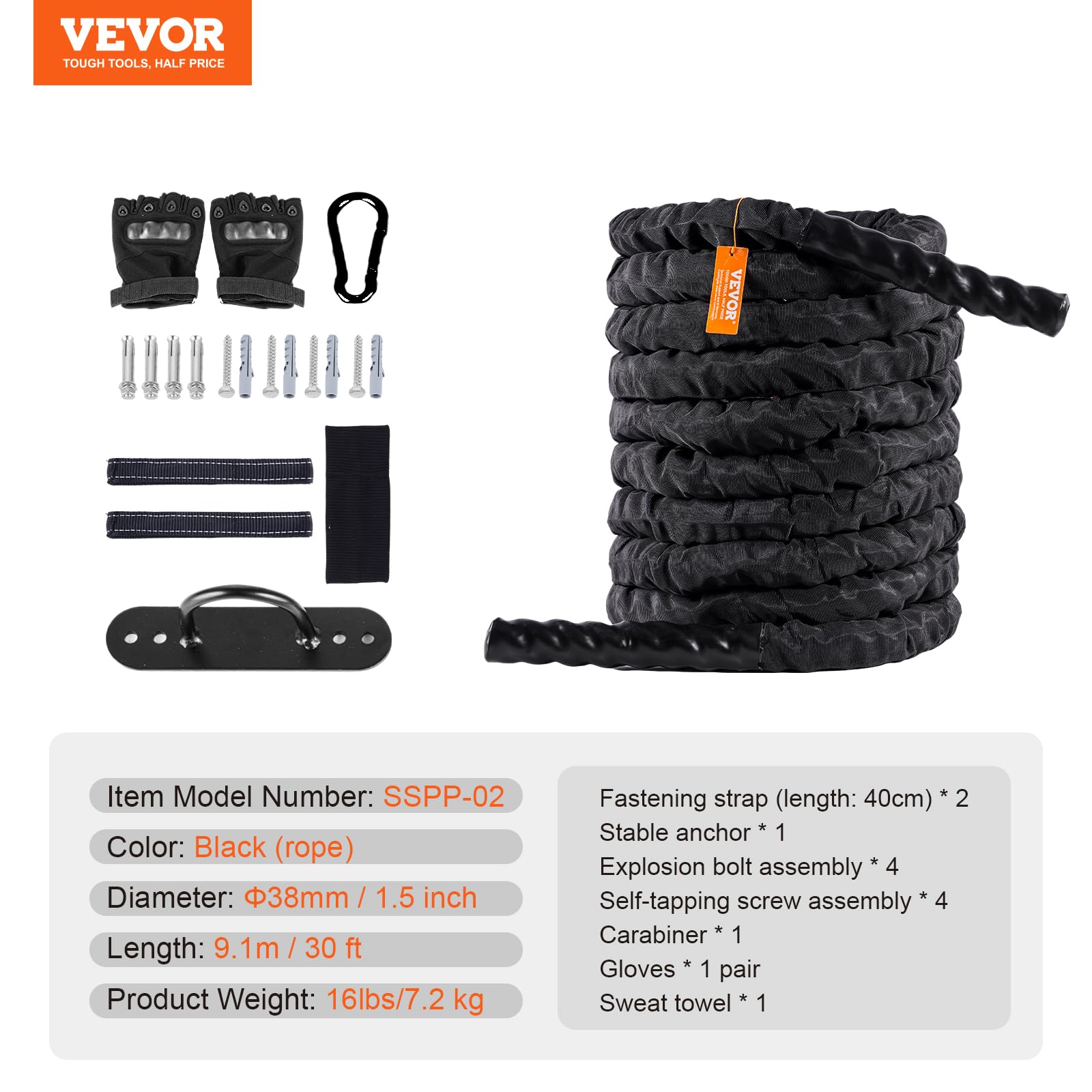 VEVOR Corde de combat, 38 mm, corde d'entraînement en polyester, 9,1 m, équipement d'exercice lourd avec manchon de protection et ancre, pour entraînement de force de base, la salle de gym à domicile