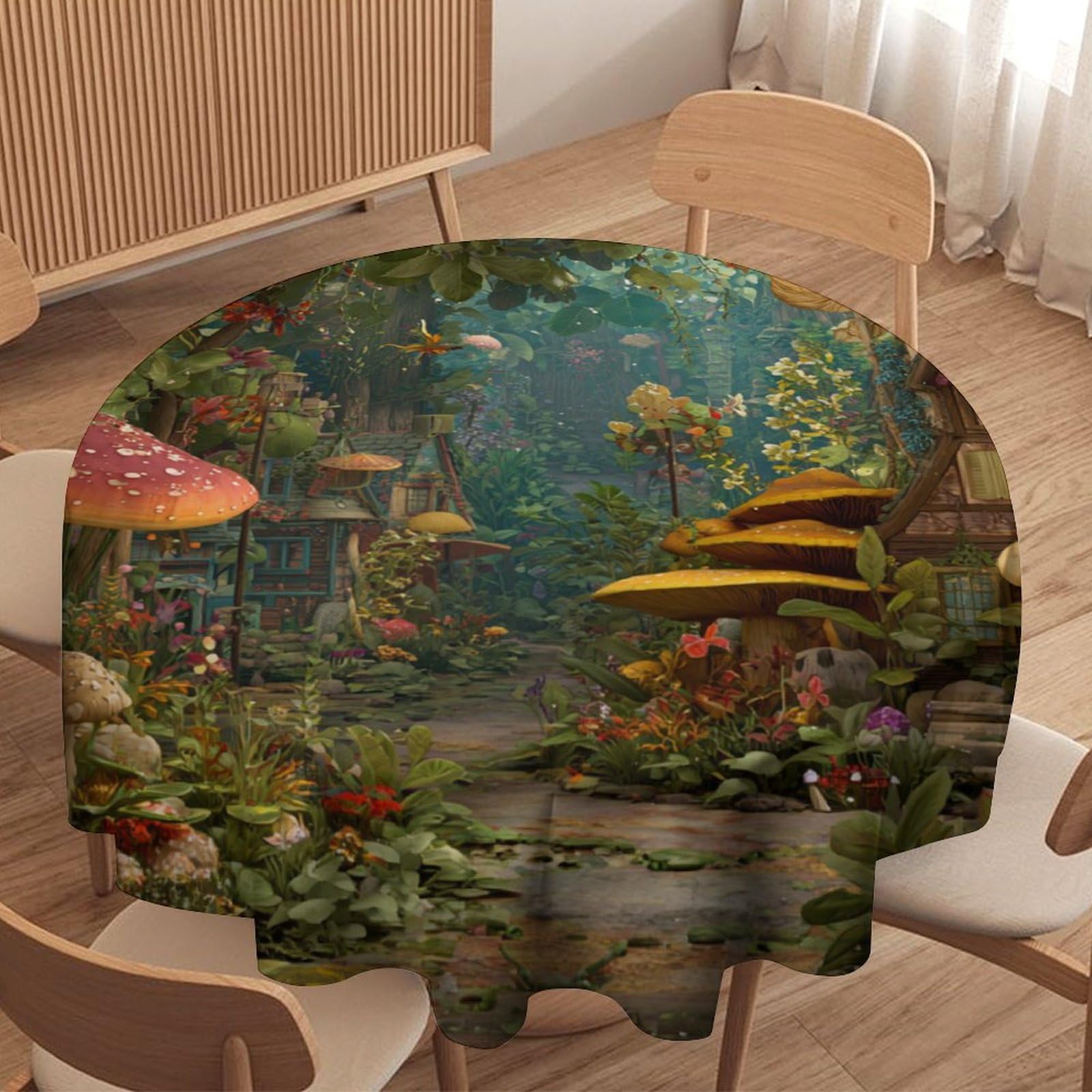 LUYYSKY Fantasy Aesthetic Enchanted Forest Round Tablecloth Colorful Abstract Boho Botanical Plant Mushroom Pattern Washable Decor for Table Cover for Kitchen-177.8" Wx177.8 L cm