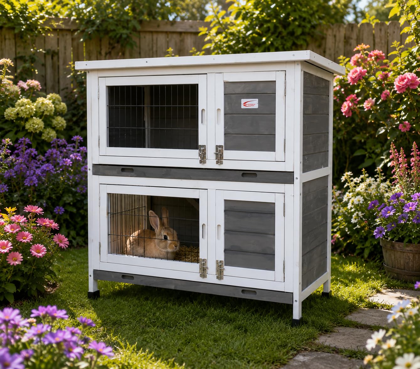 BUNNY BUSINESS Rabbit Guinea Pig Outdoor Hutch, Double Decker Rabbit Hutches on legs (Grey)