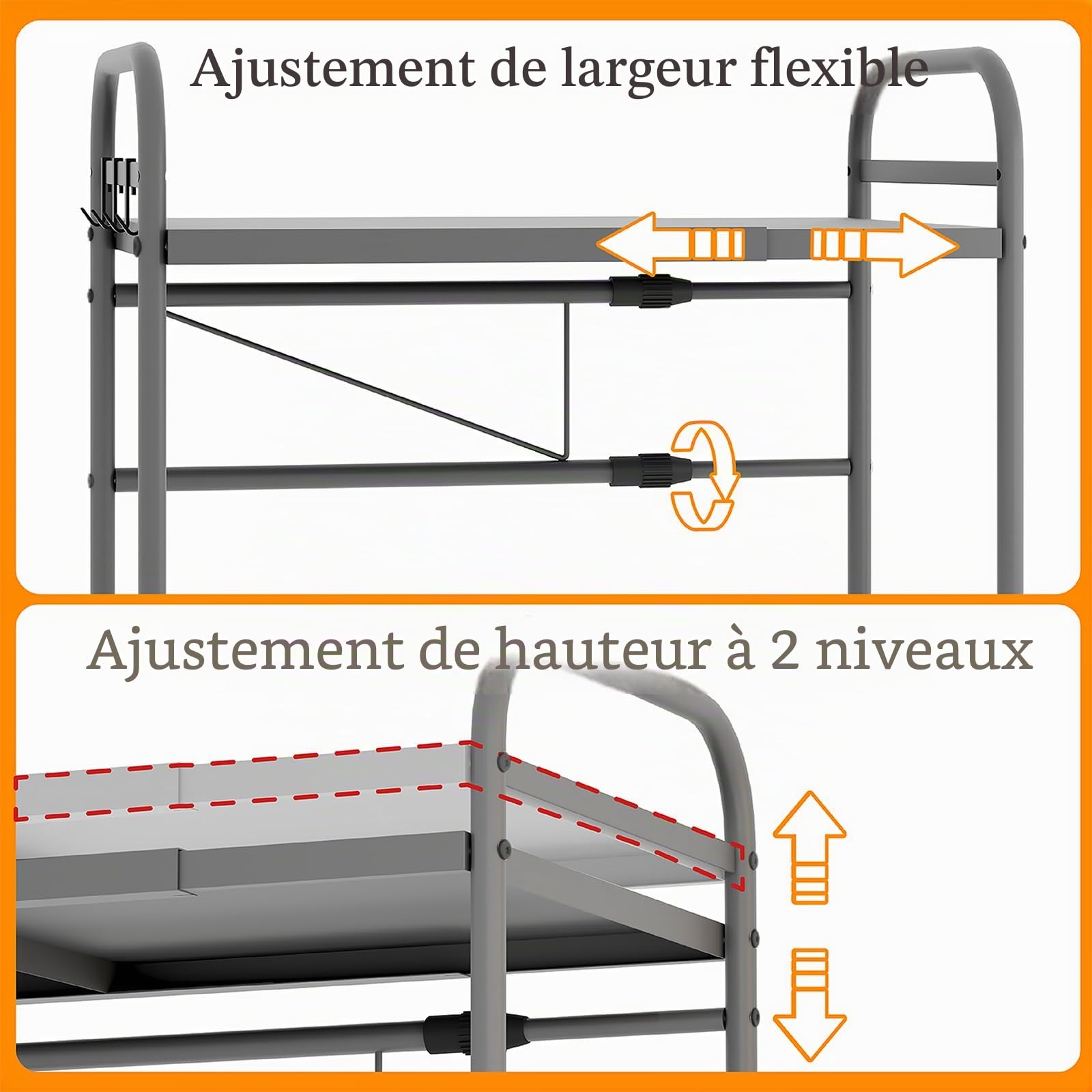 Support Extensible de Micro-ondes 3 Niveaux, Largeur Réglable, Gris