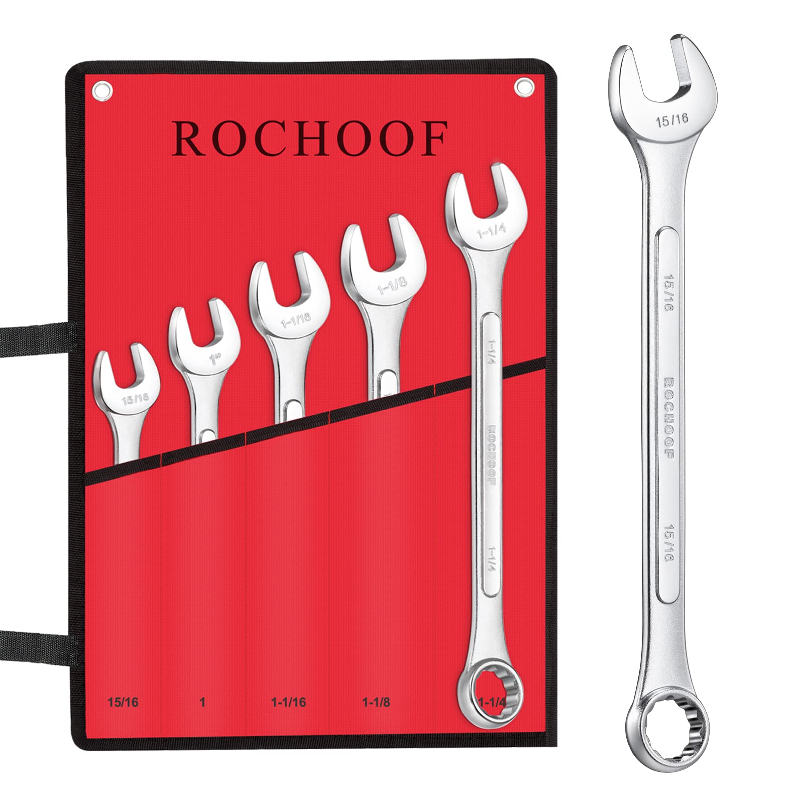 Combination Wrench Set,5-Piece SAE Wrench Set 12-Point Chrome Vanadium Steel Wrenches 1" to 1-1/4" with Rolling Pouch