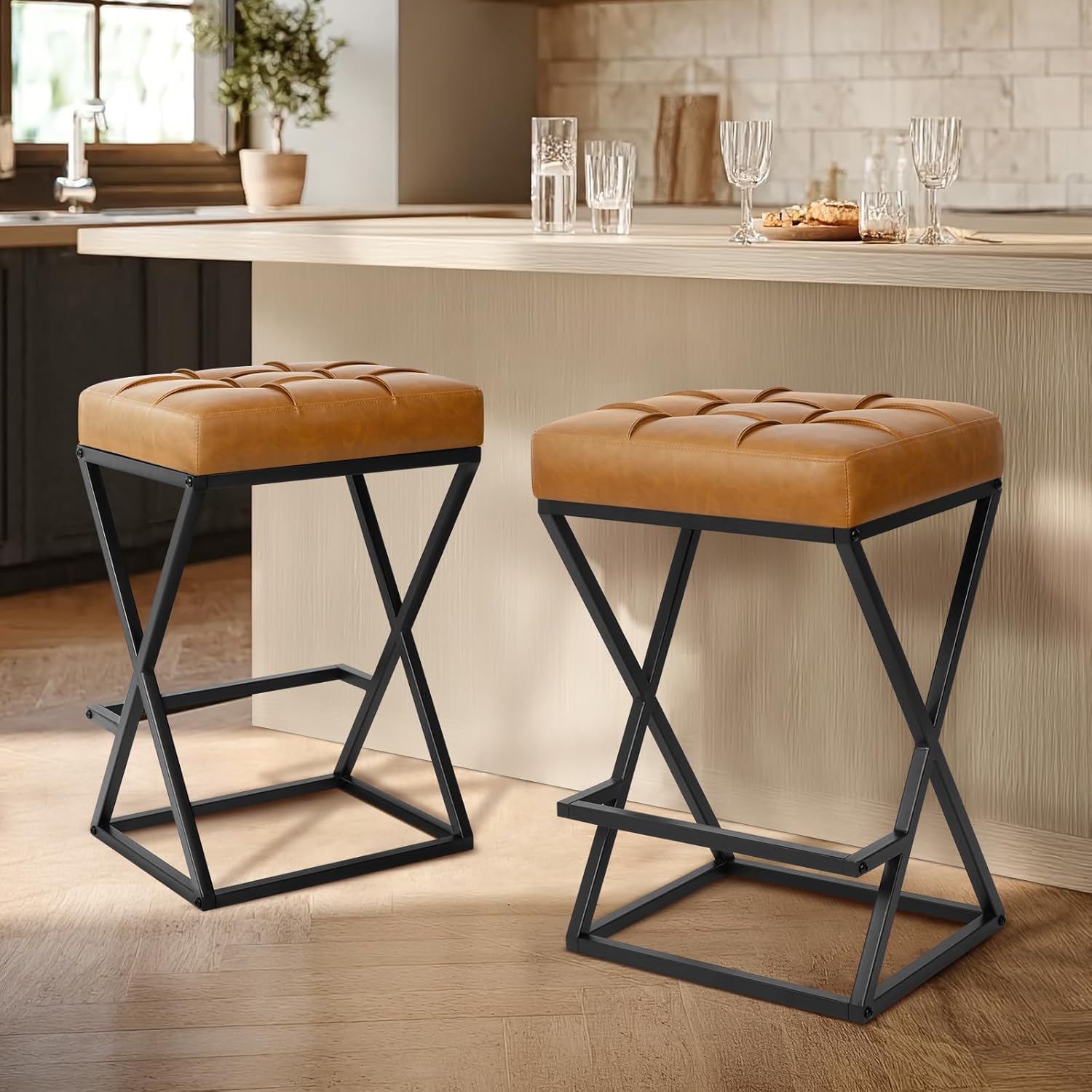 VATROS 26" Counter Height Backless Bar Stools Set of 2, Faux Leather Upholstered Seat, X-Frame Stability Footrest, Walnut Brown Kitchen Island Stools