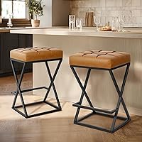 VATROS 26" Counter Height Backless Bar Stools Set of 2, Faux Leather Upholstered Seat, X-Frame Stability Footrest, Walnut Brown Kitchen Island Stools