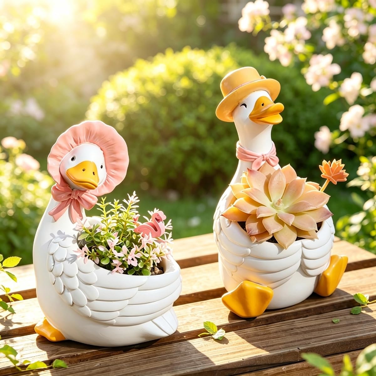 Harz Sukkulententopf Gans Figur, Mini Blumentopf mit Abflussloch, Handgefertigte Tierstatue für Schreibtisch Fensterbank Balkon Landhaus Deko (Vierteiliges Set)