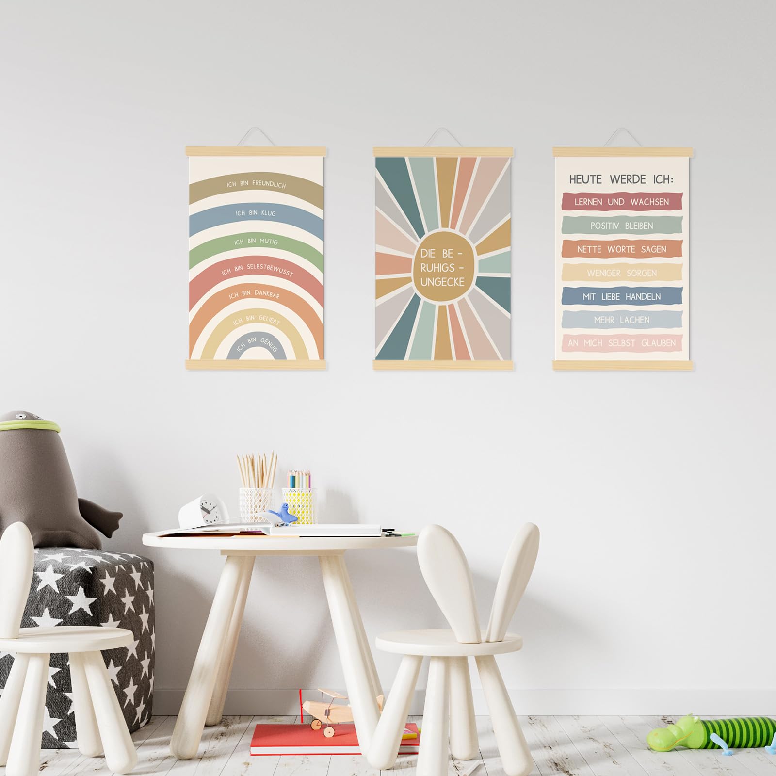 EASTJOY 3 Stück Poster Psychische Gesundheit, Wachstumsmentalität & Positive Affirmationen für Kinder - Leinwandbild Mit Teak Holz Posterleiste，für Beruhigende Ecke oder Klassenzimmer Dekoration