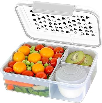 Finorder 5 Compartments Bento Lunch Box, 56oz, Gray & Black Heart Pattern