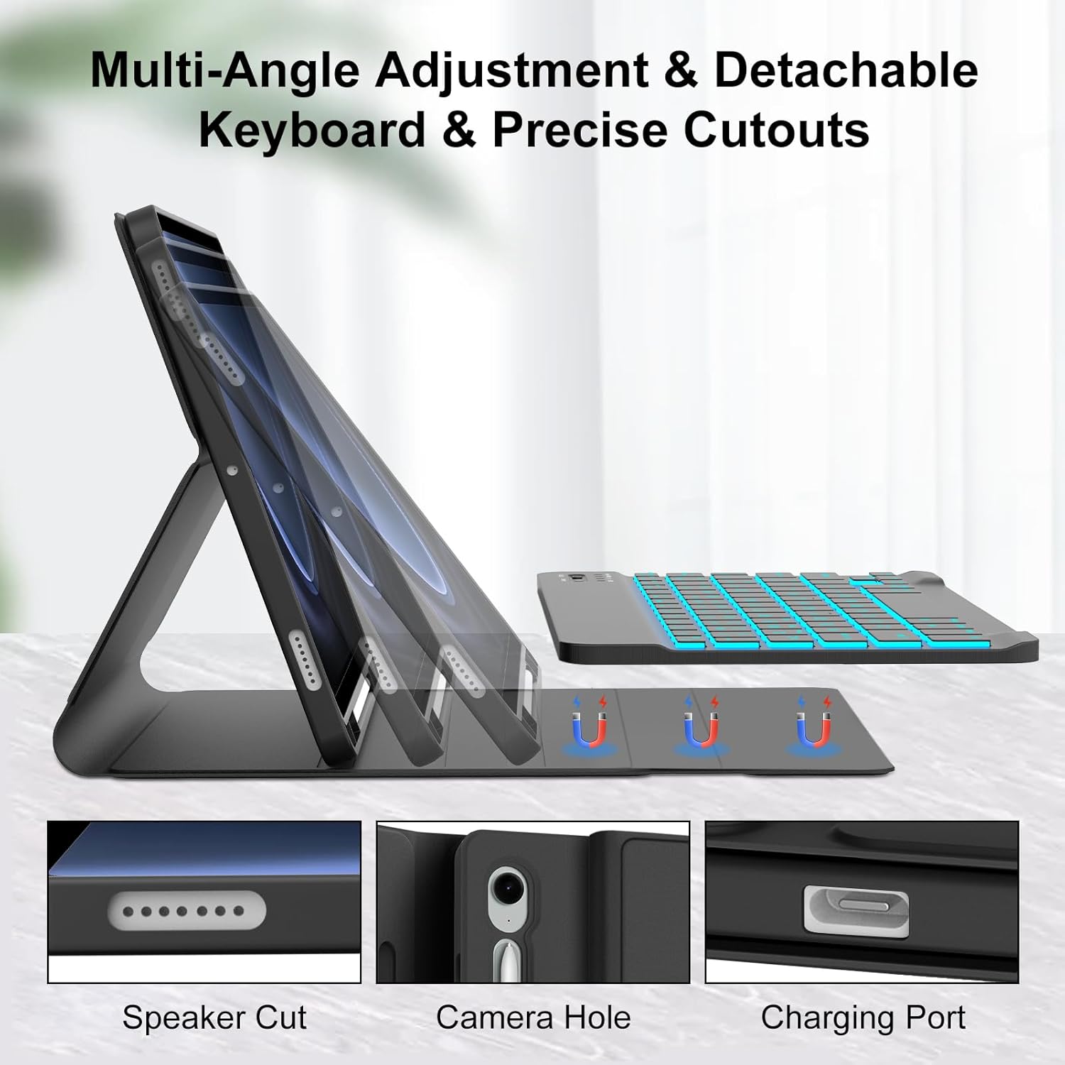 Keyboard Case for Samsung Galaxy Tab S10 FE/ S9 FE 5G 10.9 Inch/Tab S9 11 Inch, 7 Color Backlit, Detachable Wireless Bluetooth Keyboard, Slim Stand Smart Cover with Pen Holder, Auto Wake Sleep, Black