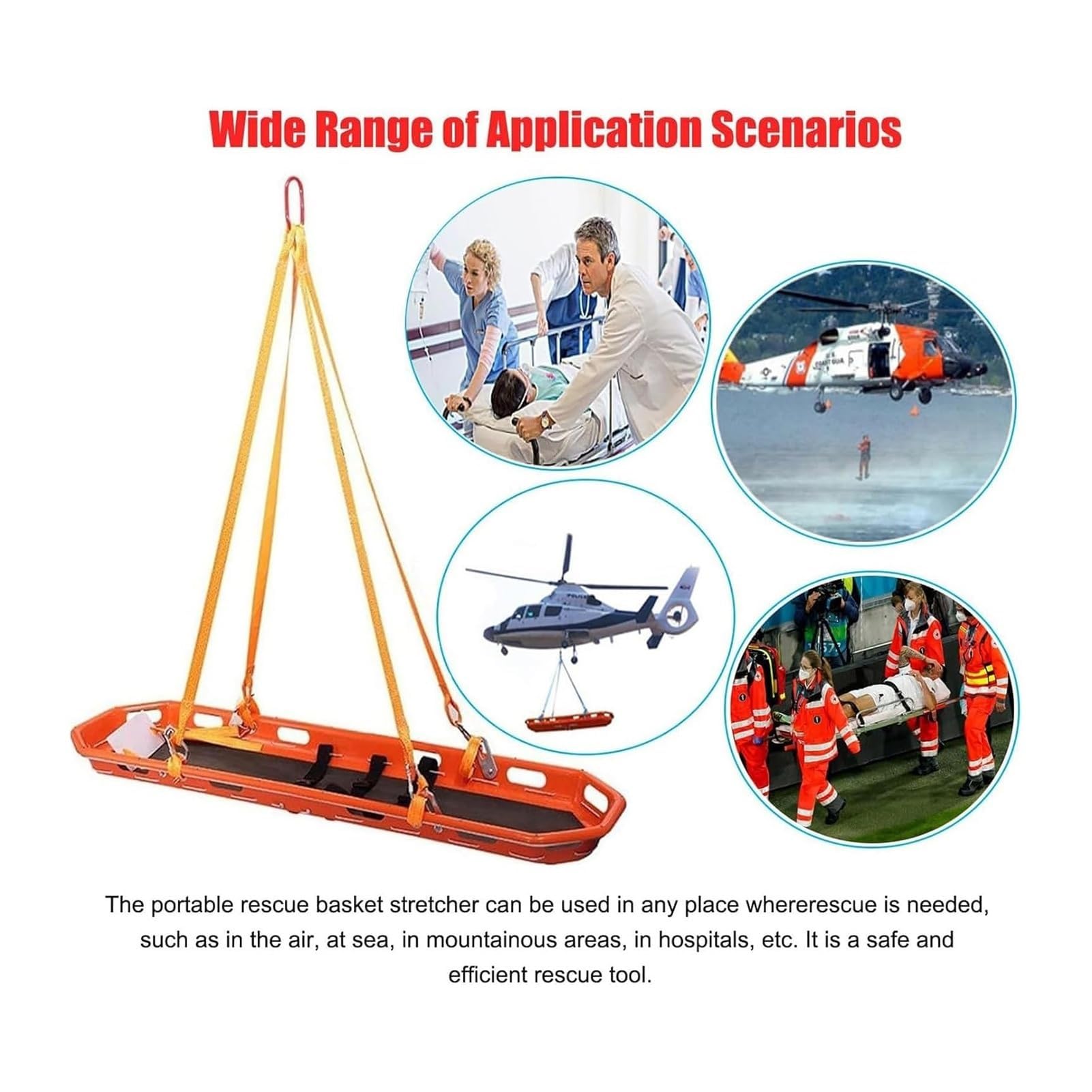 Nosze do helikoptera, kosze do transportu lotniczego PE, odpinane nosze do ratownictwa na świeżym powietrzu, deska ortopedyczna do transportu medycznego Air Sea Mountain, Orange