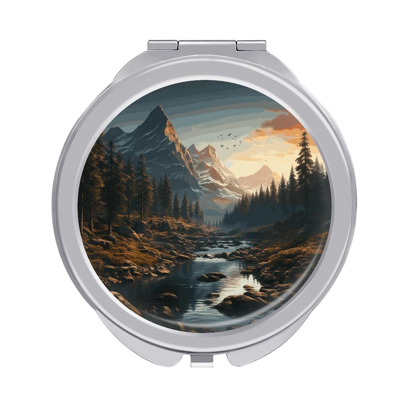 FekiLoot Wilderness Travel Makeup Mirror for Women Folding Portable Hand Compact Mirrors Small Round Vanity Mirror 1X/2X Magnifying Metal Pocket Makeup Mirrors