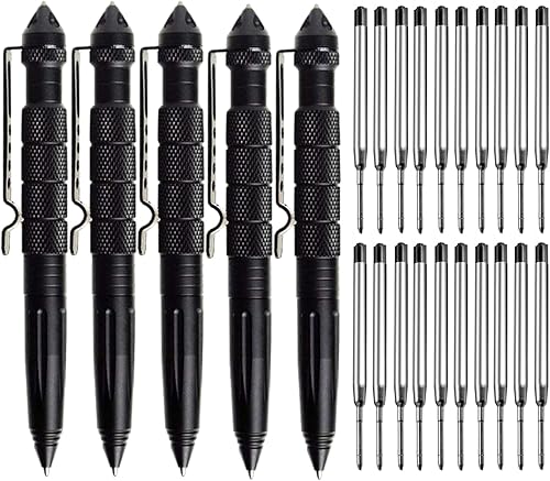 Miniatura 8 de Bolígrafo táctico militar de acero de tungsteno, paquete de 3 unidades de defensa personal de emergencia con 12 repuestos negros para escribir,