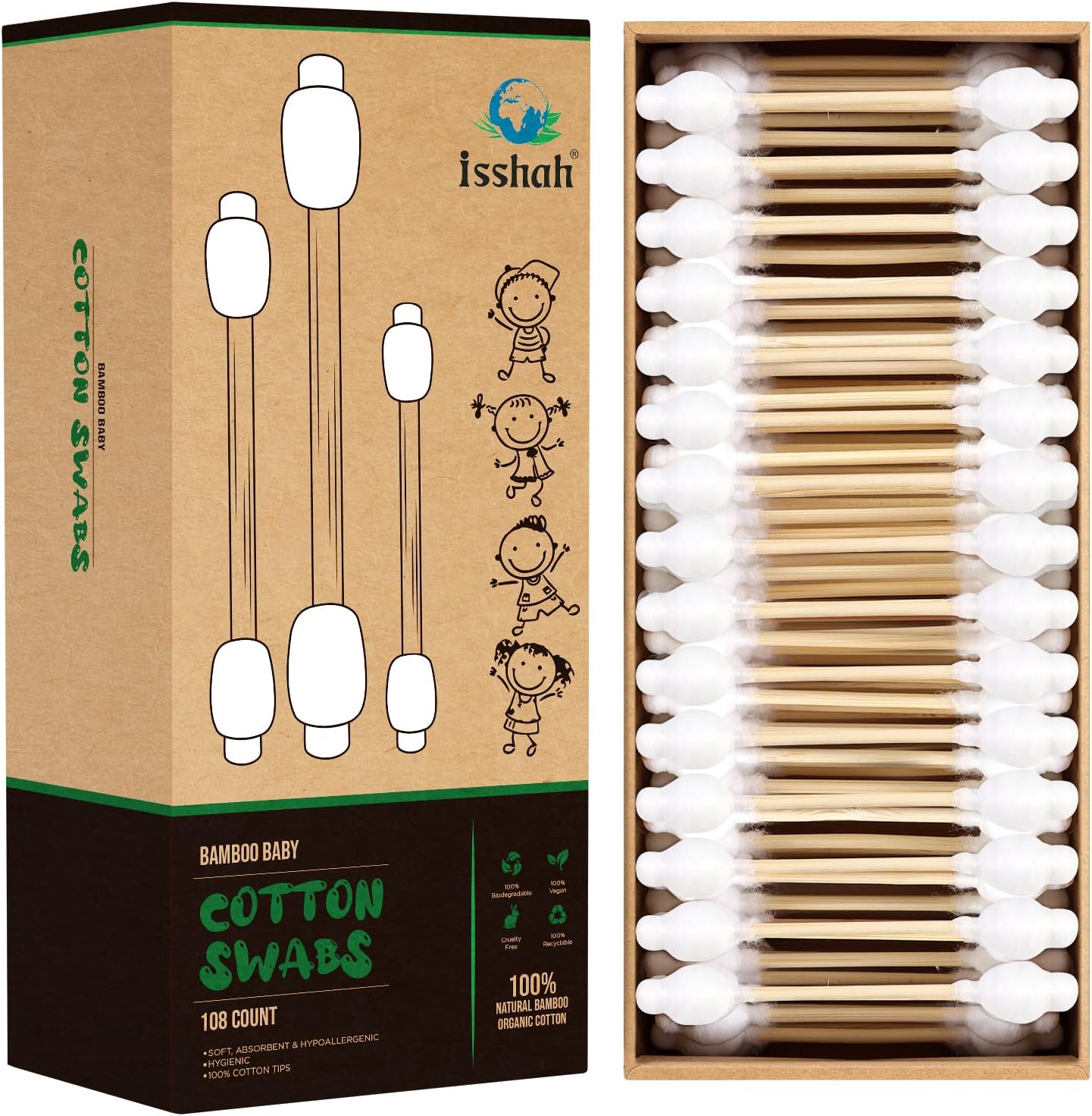 Baby Cotton Swabs - 108 Count - FSC Certified and PETA Approved, Bamboo Handle Cotton Tips, 100% Biodegradable, Gentle, Eco Friendly, Double Tips, Plastic Free Safety Baby Cotton Buds by Isshah