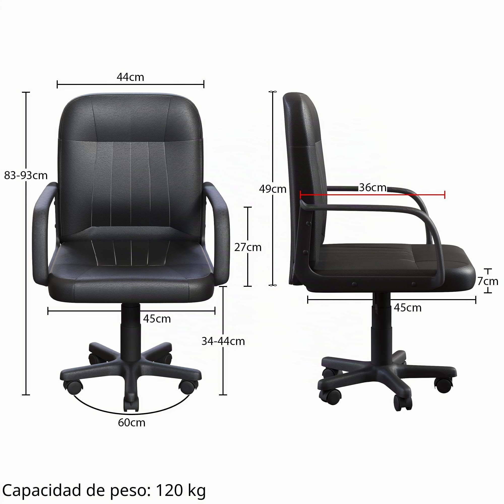 Vida Designs Morton - Silla de Oficina ejecutiva de Cuero de Altura Ajustable con Brazos y Ruedas para Trabajo en casa y Estudio (Negro)