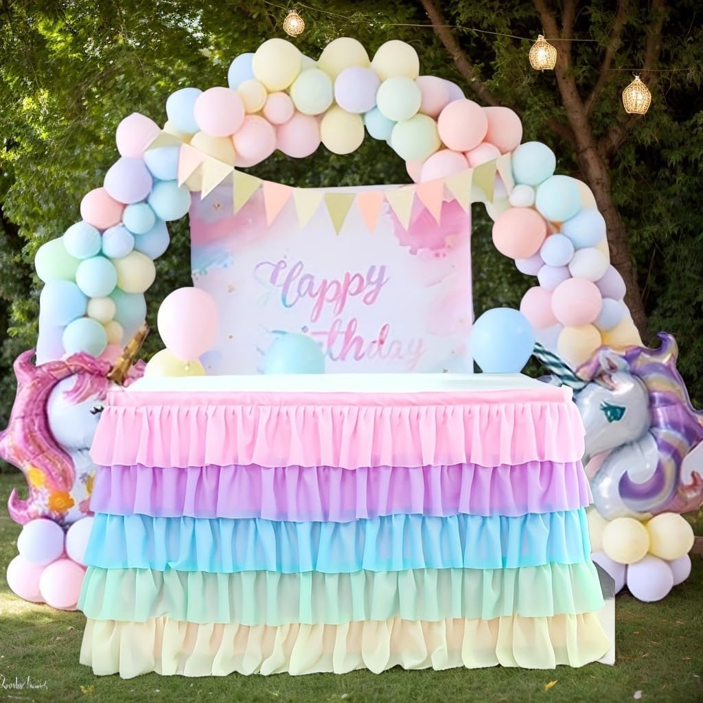 6ft Tutu Table Skirt for Rectangle Round Tables Chiffon Table Cloth for Birthday Party Decorations Baby Shower Parties Ruffle Table Skirting (Pastel Rainbow, 6FT)