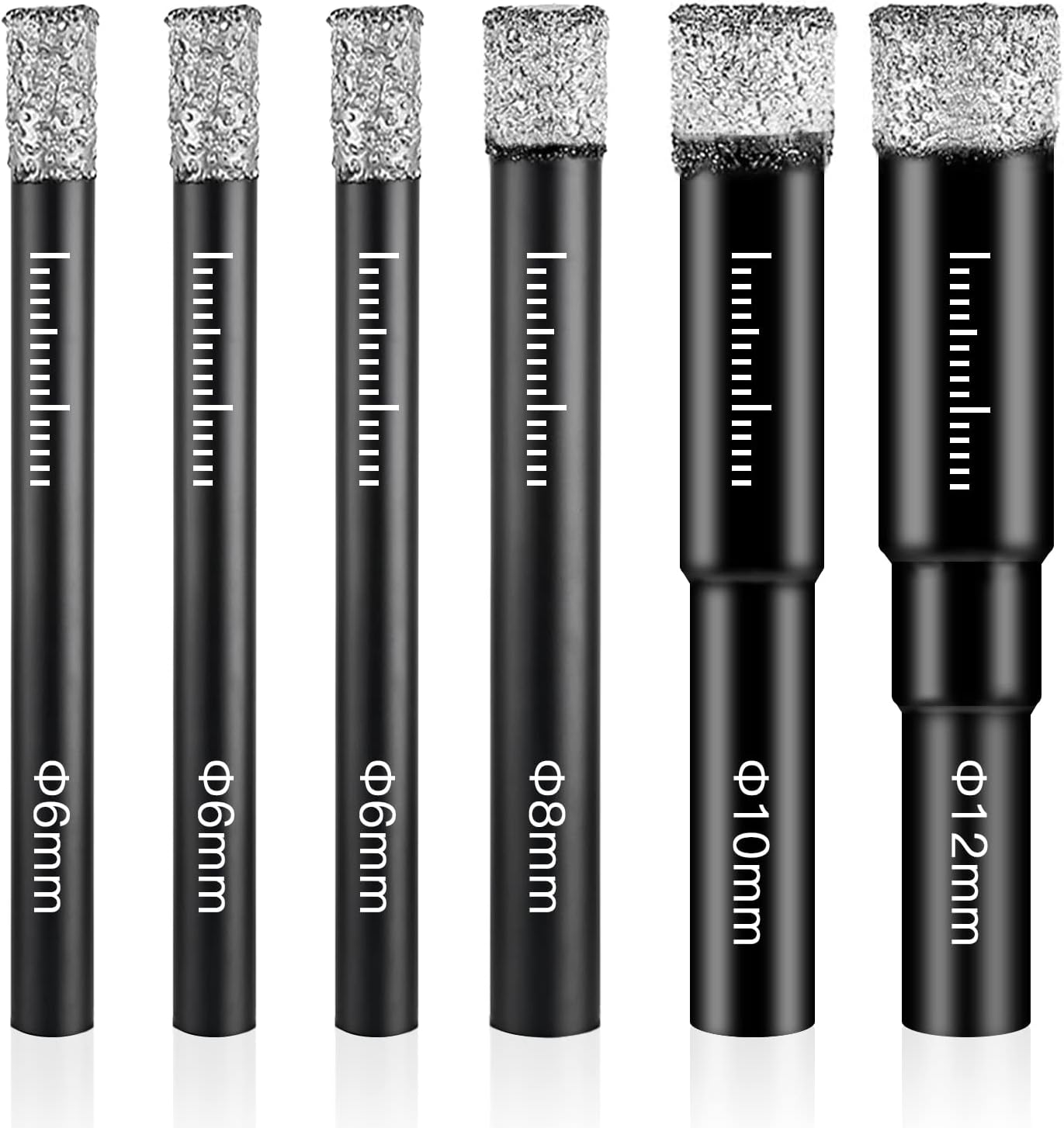 Diamond Drill Bits - 6 Pcs Set, 6mm-12mm, for Granite, Marble, Tile, Glass & Hard Materials, Round Shank, Dry Drill Bits