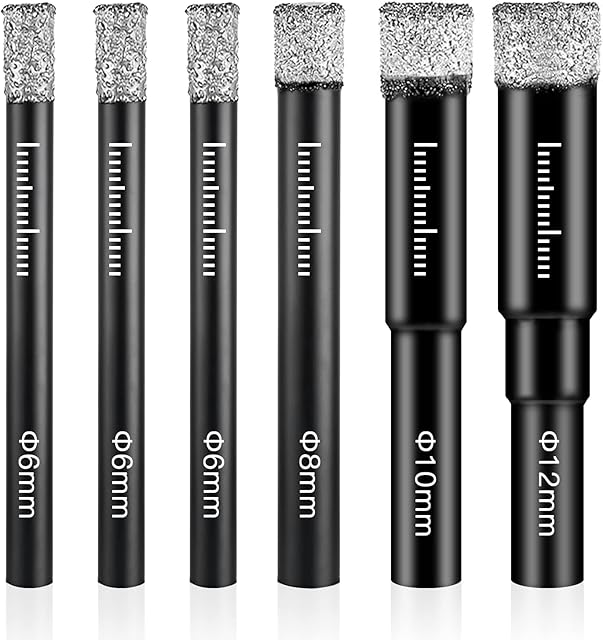 Tykovon Diamond Drill Bit, Porcelain Tile Drill Bit, 6 Pcs 6mm 8mm 10mm 12mm Tile Drill Bits Diamond Sets for Granite, Ceramic, Marble, Tile Stone, Glass, Hard Materials, Round Shank Dry Drill Bits