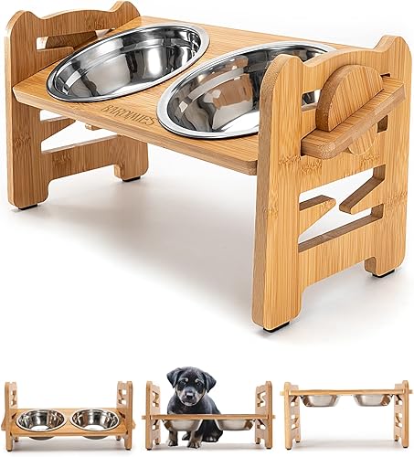 Soporte elevado para cuencos para perros, platos altos ajustables para perros, comedero inclinado de madera de bambú para perros, con 2 cuencos de