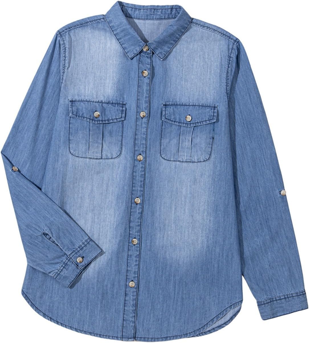 Sidefeel Women's Denim Top Long Sleeve Jean Shirt Button Down Denim Shirt - Image 7