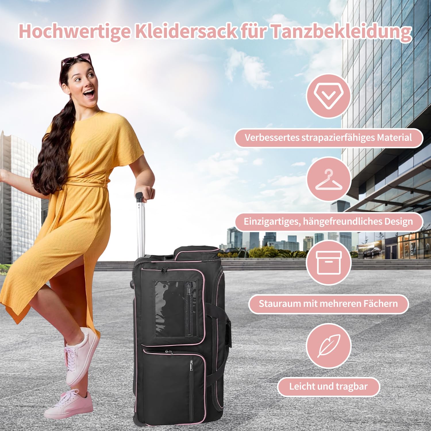 Sac de danse 28" avec porte-vêtements, sac à vêtements de compétition de danse avec roues, sac de voyage pliable, léger et résistant à l'usure, tissu imperméable pour danseurs, Noir , Pliable